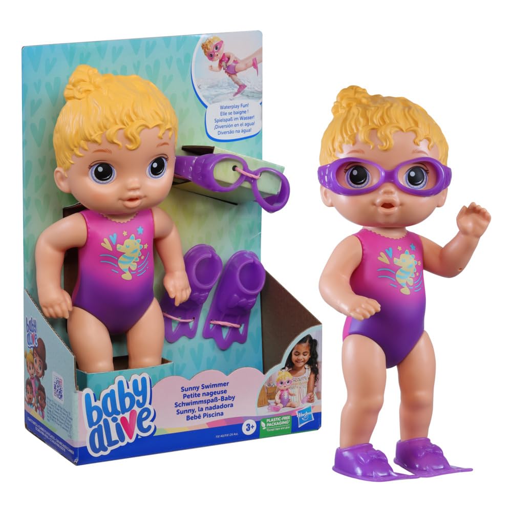 Baby Alive Sunny Swimmer Doll, 10-Inch Water Baby Dolls for 3 Year Old Girls and Boys and Up, Baby Alive Doll, Blonde Hair