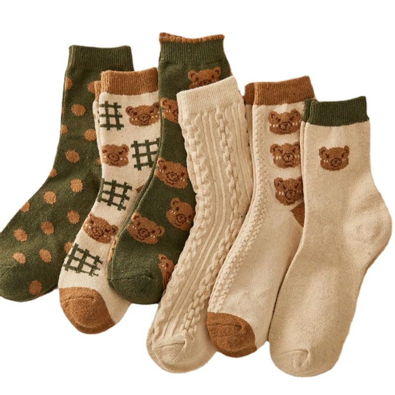 6 Pair Cute Cotton Socks Kawaii Bear Ankle Socks Preppy Ruffle Socks for Women Japanese Thick Fall Vintage Crew Socks