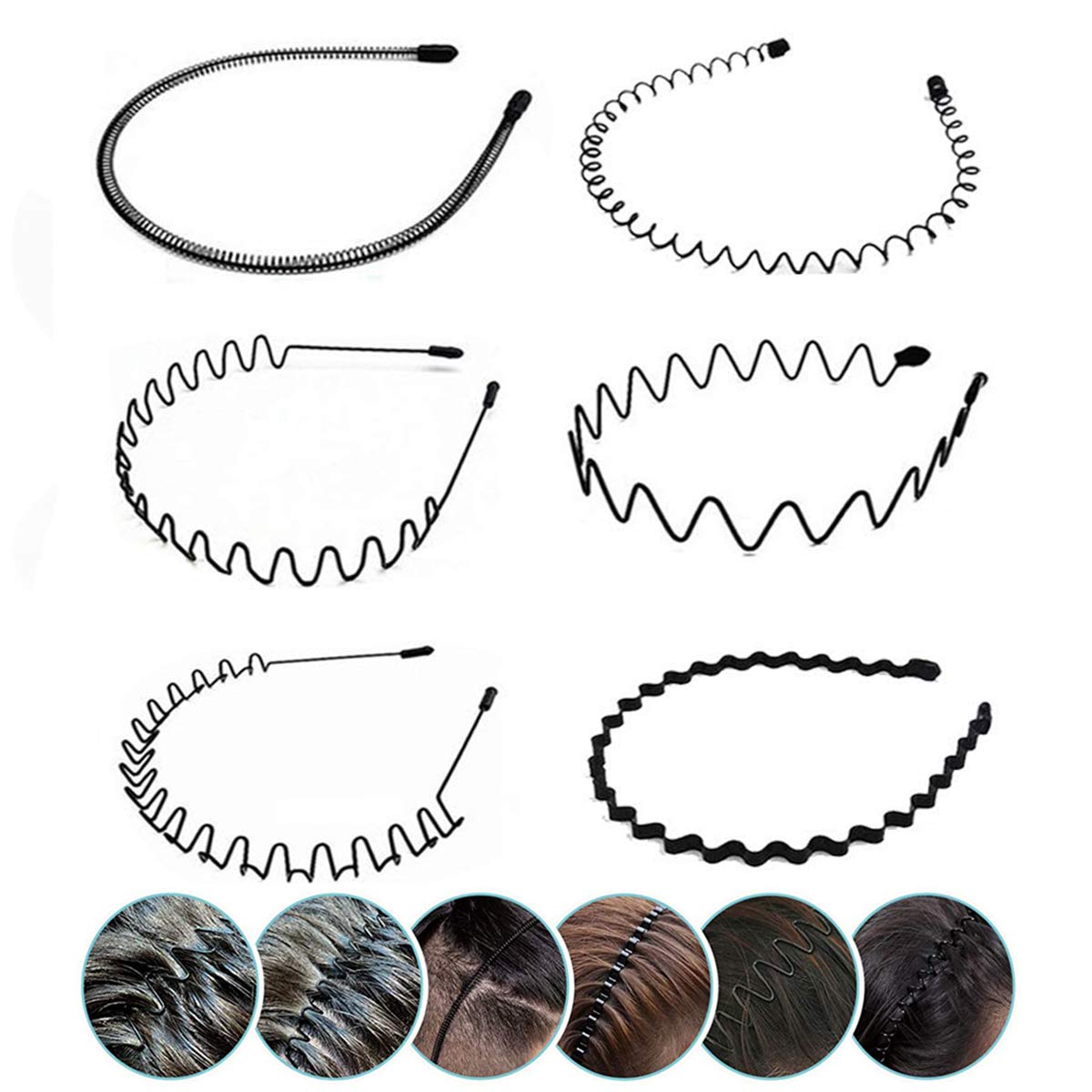 Metal Hair Band - 6 Pieces Metal Headband for Men and Women, Adjustable, Durable, Wavy Hairband, Hair Bands for Sports, Fashion, Unisex, Black, Elastic, 6 Count