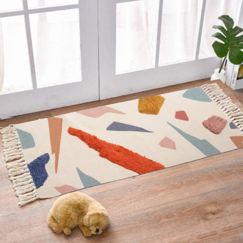 LIVEBOX Cute Bedroom Runner Rug 2' x 4.3' Colorful Geometric Laundry Area Rug with Tassel Small Hand Woven Cotton Tufted Throw Rug for Bathroom Kitchen Entryway Kids Room