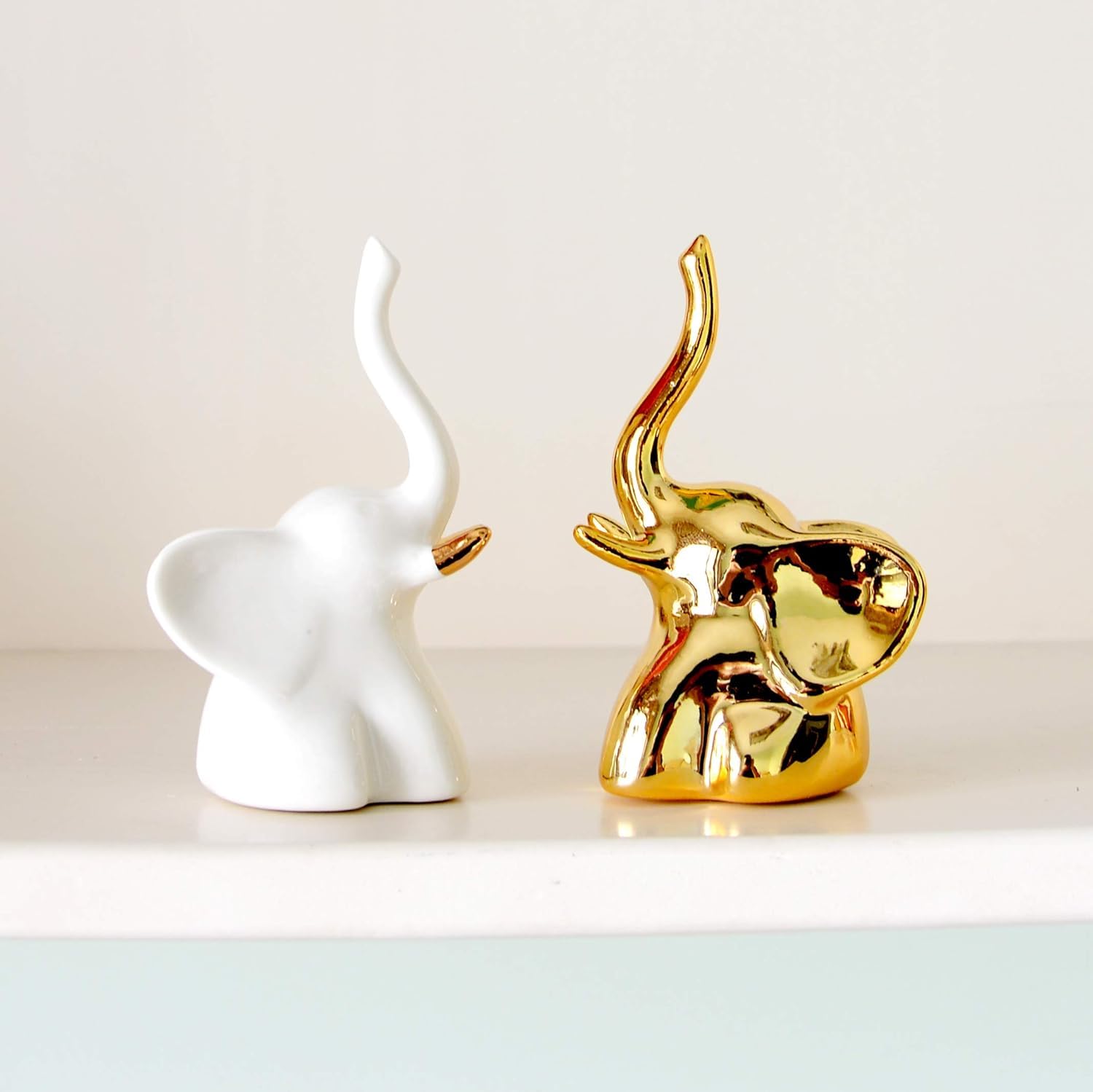 Street27® Home Decor Elephant Statues,1 Pair, Small Decorative Accents for Shelves, Livingroom and Bedroom, Gold and White (2pcs Elephant)