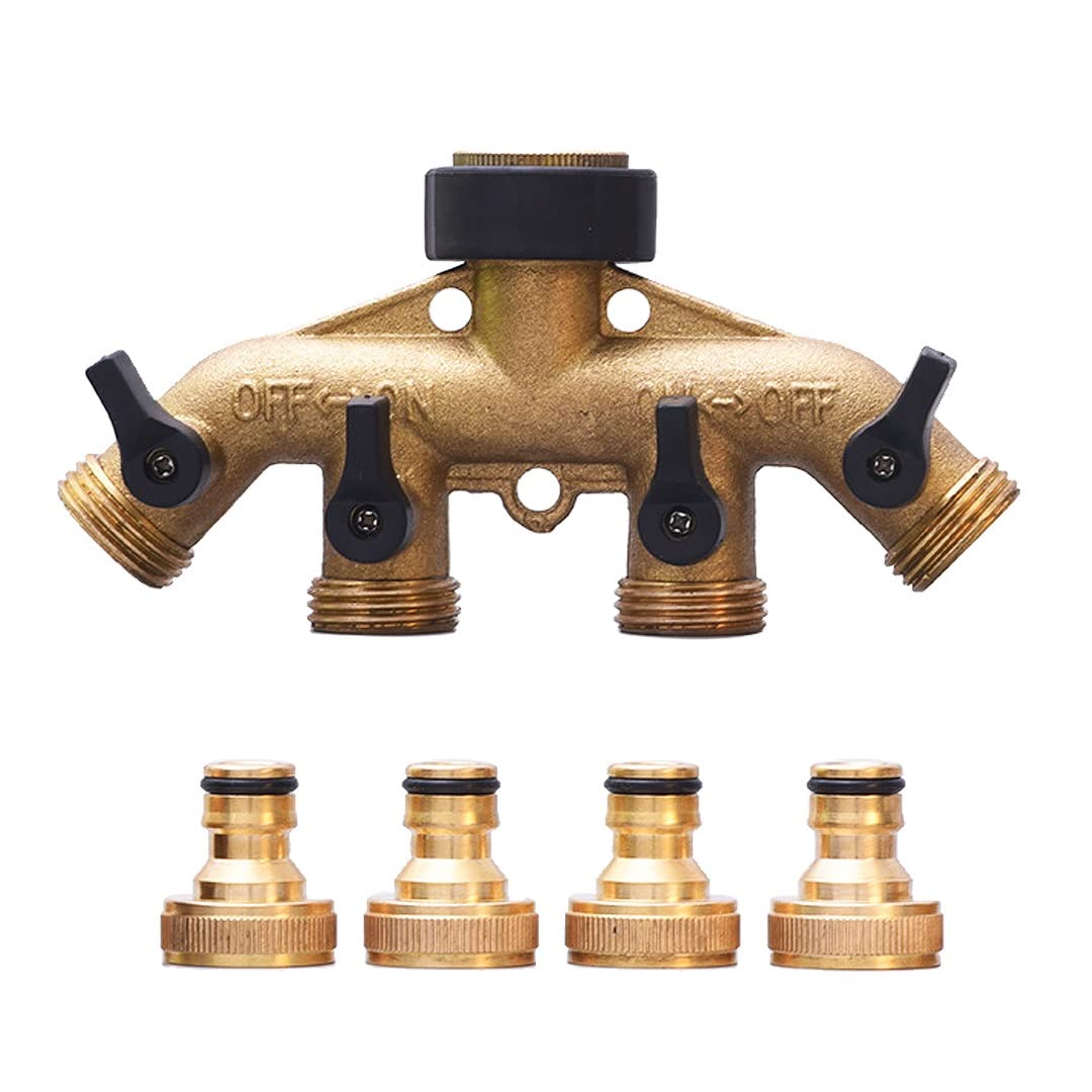 Dreneco 4 Way Garden Brass Hose Splitter Tap with Individual On-Off Valves, Outdoor Adaptor Hose Connector Tap for Gardening Irrigation