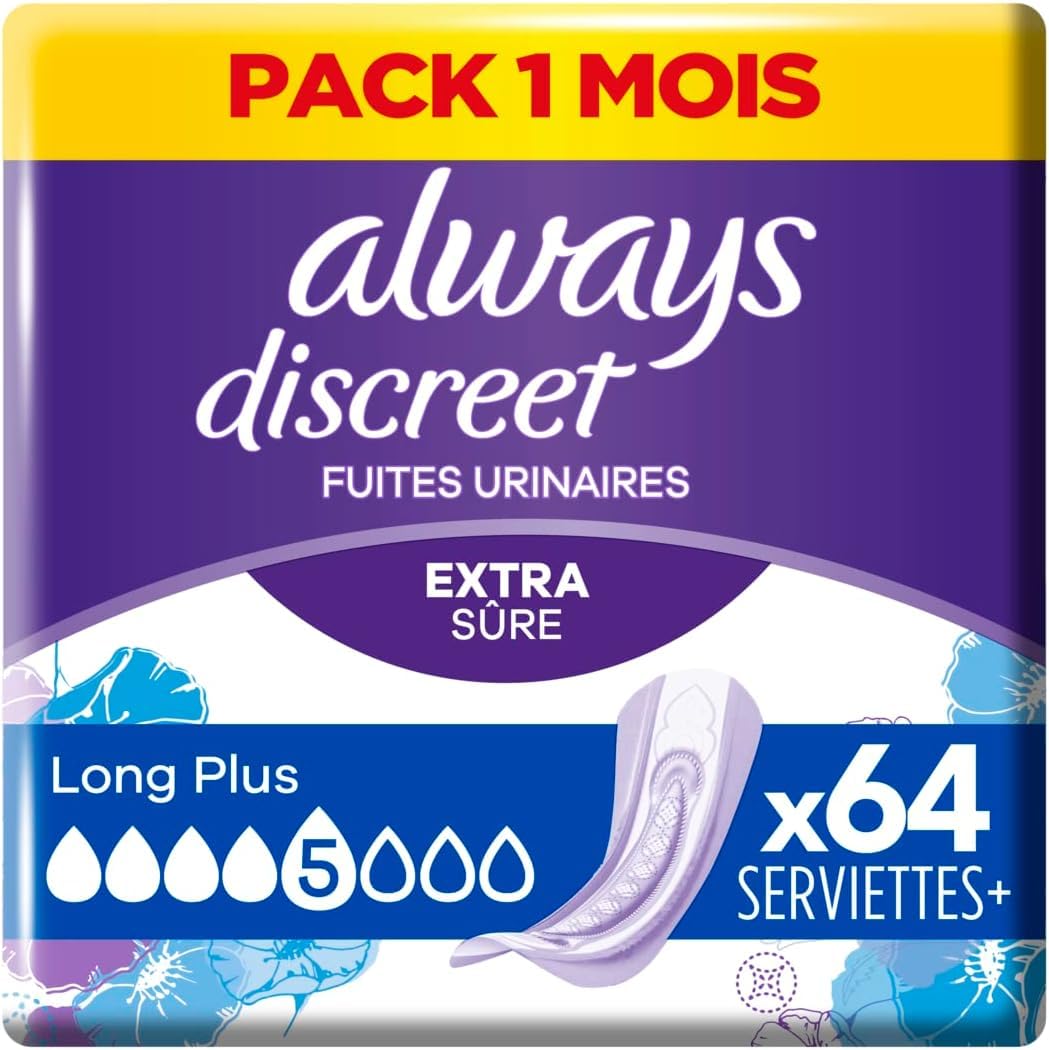 AlwaysDiscreet Incontinence Pads + Long Plus Monthly Pack for Bladder Weakness, 64 Pads (4 Packs x 16) 1248g