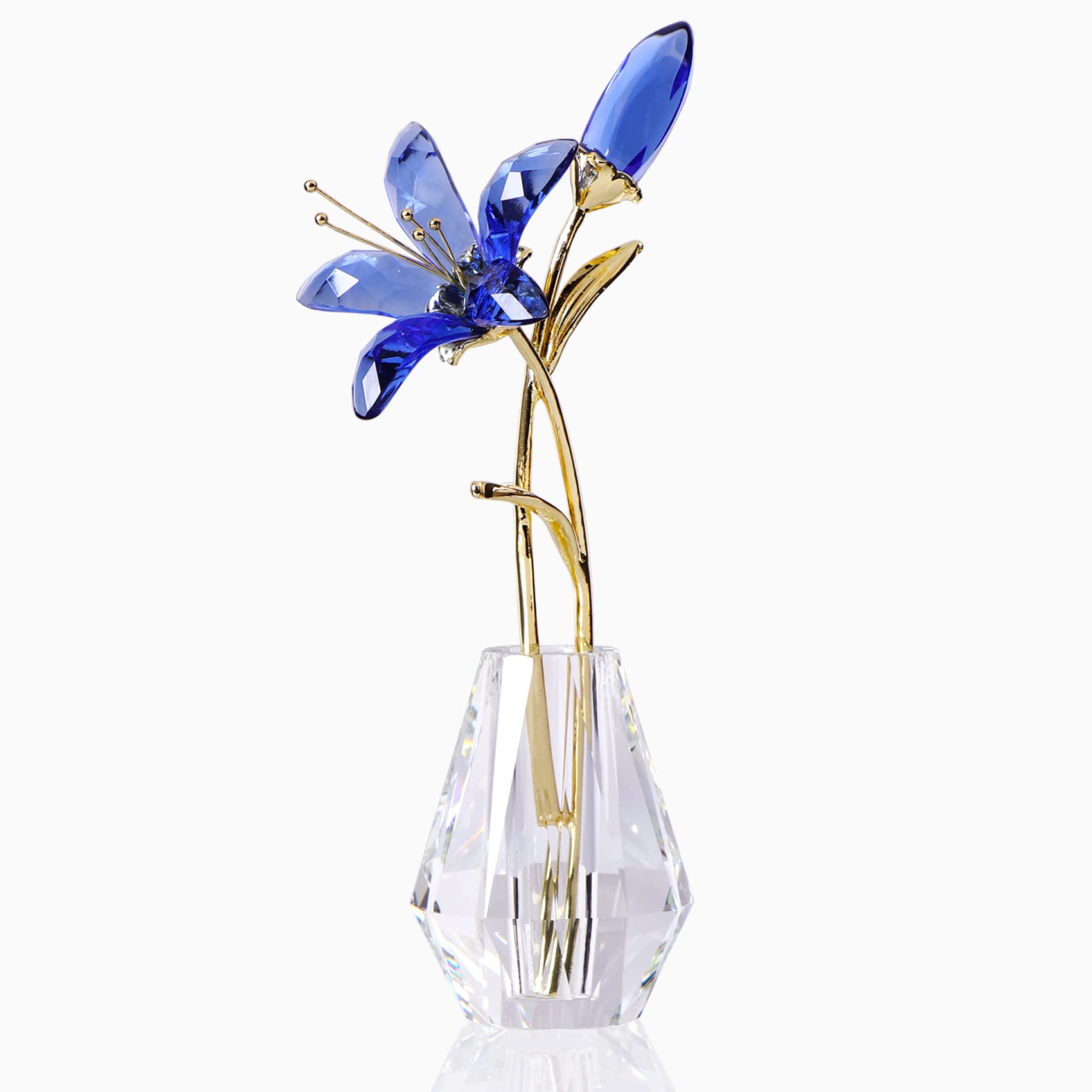 Crystal Floral Figurine Lily Flower Collectible Gifts for Women, Glass Lilium with Crystal Vase Metal Stem for Home Wedding Party Decor (Blue)