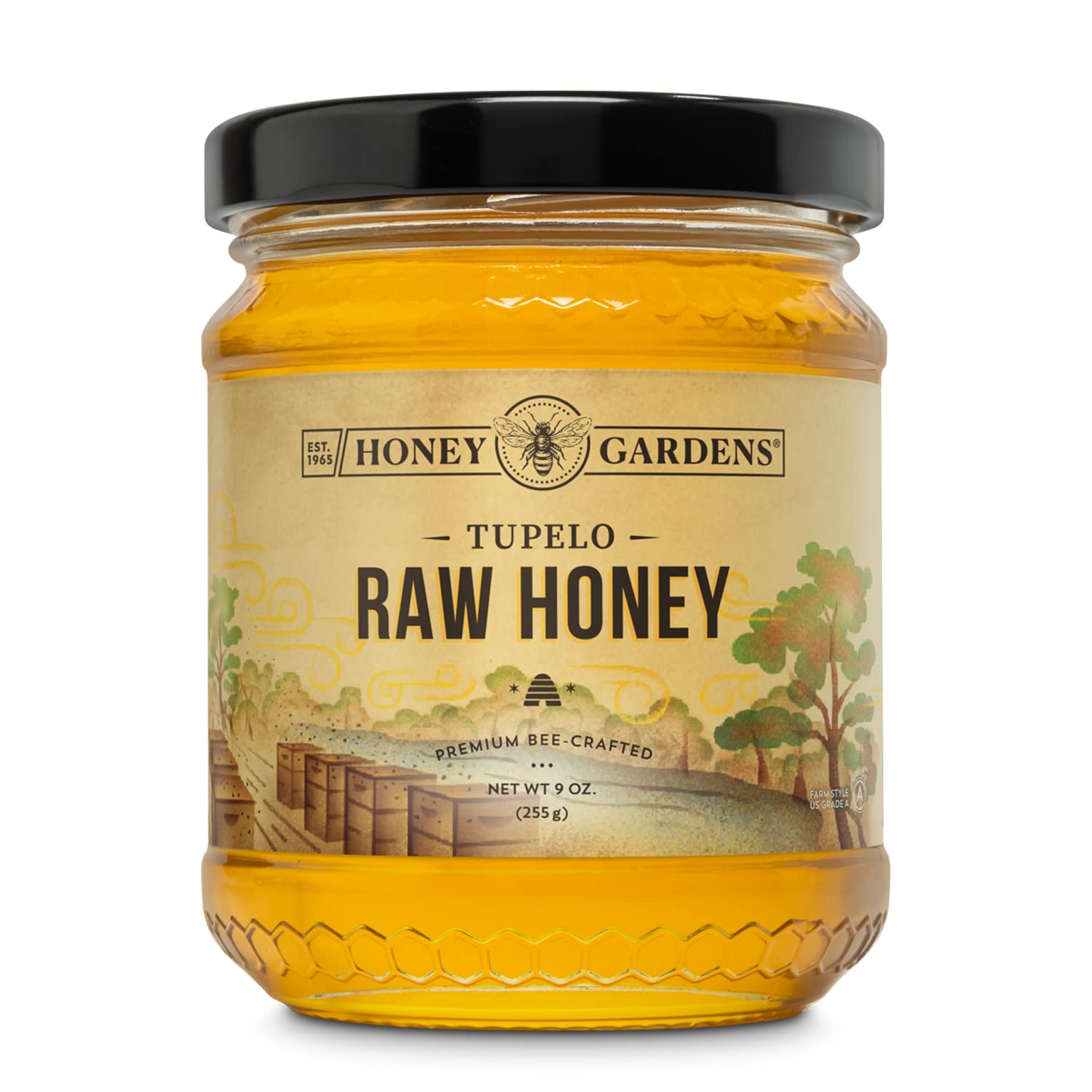 Honey Gardens Tupelo Raw Honey, Premium Bee-Crafted Honey from Nectar of Florida White Tupelo Trees, Light, Buttery Flavor, Unpasteurized, Unfiltered, Unheated, 12 Servings, 9 OZ.