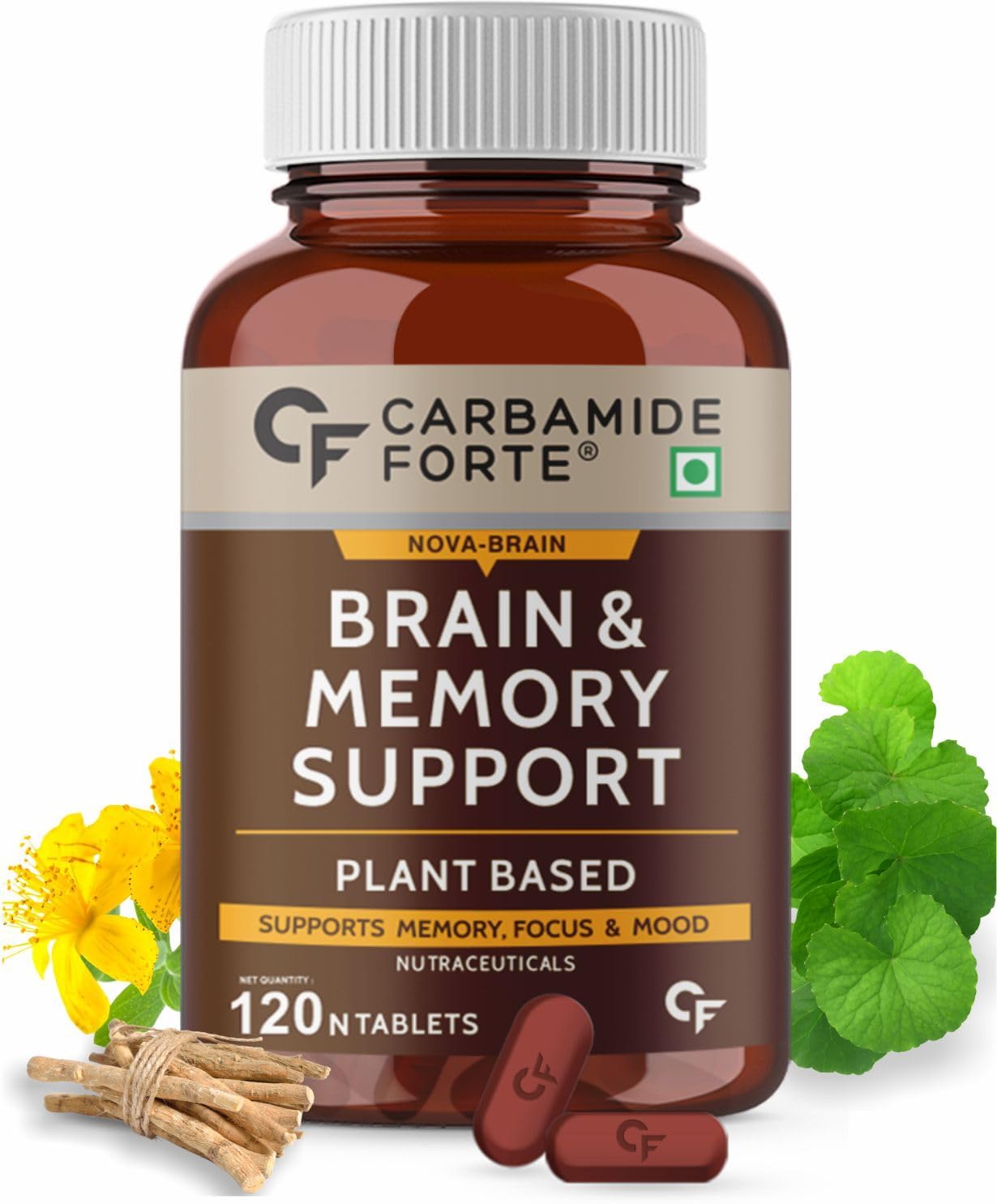 Carbamide Forte Brain Support Supplement with Brahmi, Ginkgo Biloba, Ashwagandha & Amino Acids -120 Veg Tablets