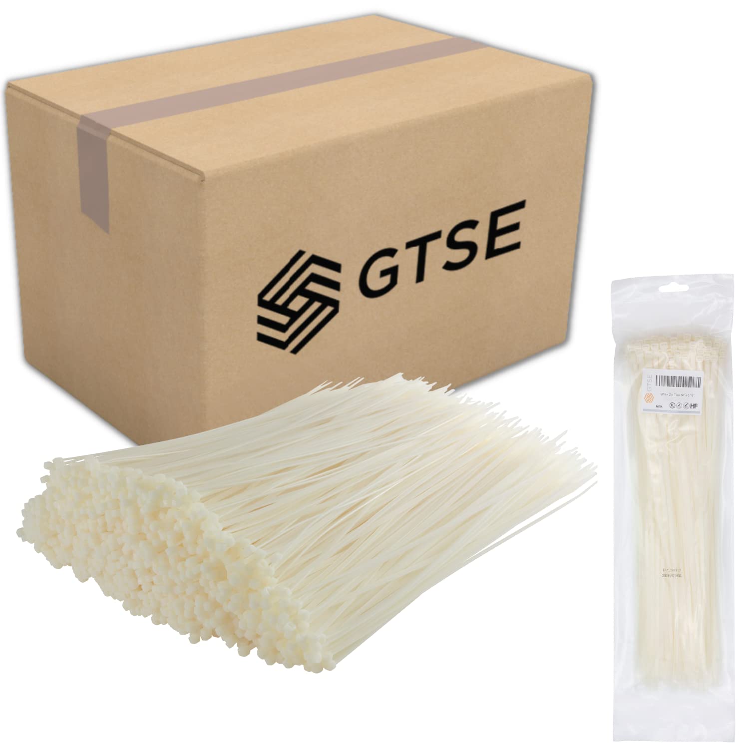 GTSE 14 inch White/Clear Zip Ties, 8,000 Bulk Contractors Pack, 50lb Strength, UV Resistant Long Nylon Cable Ties, Self-Locking 14" Tie Wraps, Full Carton