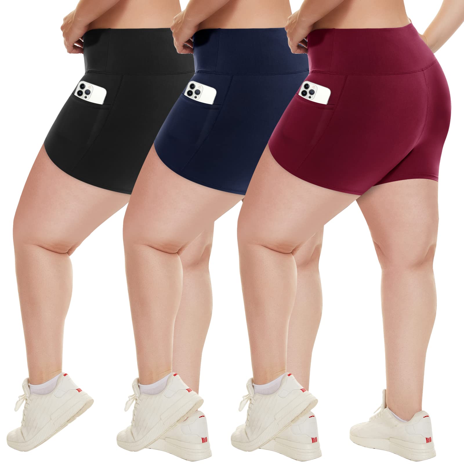 HLTPRO 3 Pack Plus Size Biker Shorts with Pockets for Women - 5" High Waist Soft Spandex Workout Yoga Running Shorts (2X, 3X)