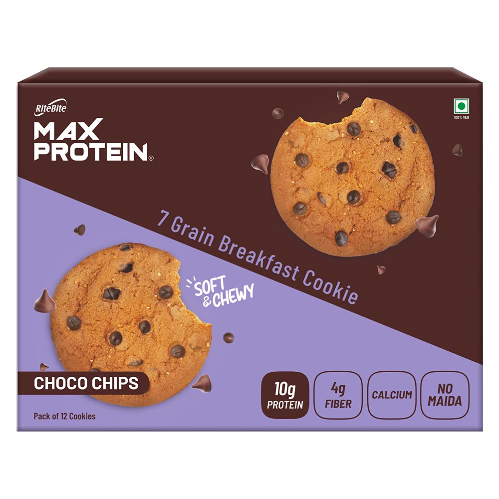 RiteBite Max Protein Choco Chips Cookies with 10g Protein, 4g Fiber | No Maida Biscuits, Healthy Cookies, GMO Free, No Preservatives I Multigrain Cookies, 55g (Pack of 12)