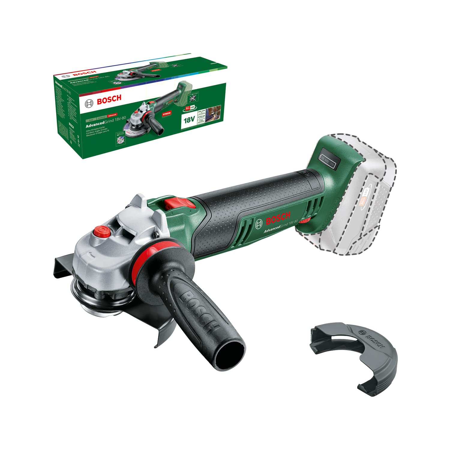 BoschHome and Garden Cordless Small Angle Grinder AdvancedGrind 18V-80 (Without Battery; 18 Volt System; for Grinding, Cutting, Brushing and Sanding of Various Materials; in Carton Packaging)