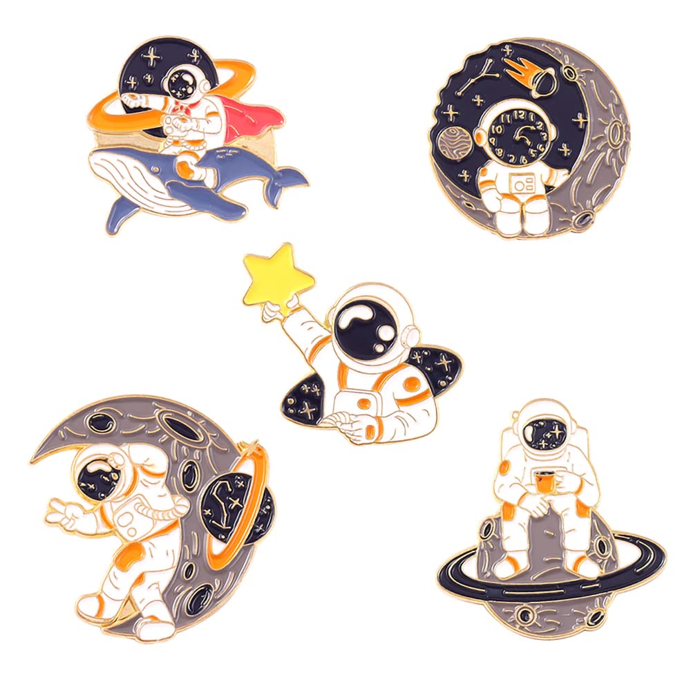 KASTWAVEBrooch, 5 Pack Cartoon Astronaut Planetary Adventure Brooch Lapel Pin Set Handmade Enamel Badge Novelty Pins for DIY Clothing Bags Backpack Jackets Hat Accessories Ladies Girls Kids Gifts