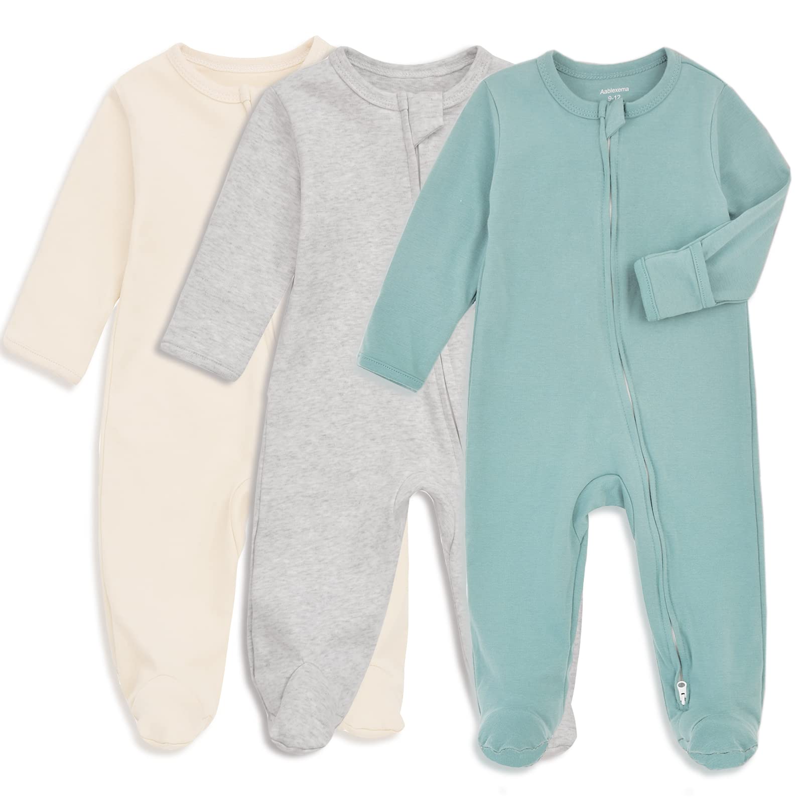 Aablexema Baby Footie Pajama with Mitten Cuffs, Double Zipper Infant Cotton clothes Sleeper Pjs, Footed Sleep Play