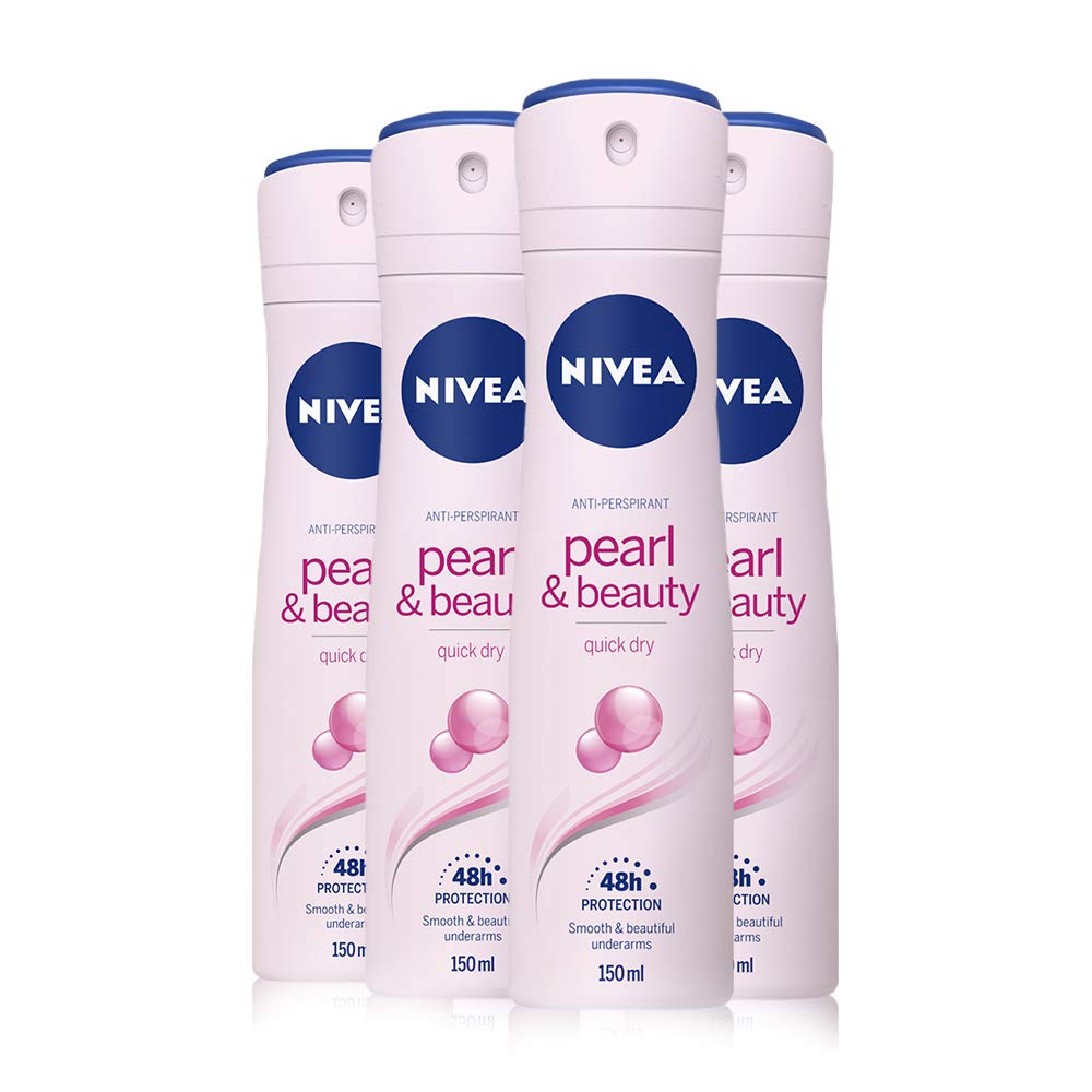 NIVEA Pearl & Beauty Anti-Perspirant Deodorant Pack of 4 (4 x 150ml), 48hr Deodorant for Women, Anti-Perspirant Spray for Women, with A Gentle Fragrance & Pearl Extracts