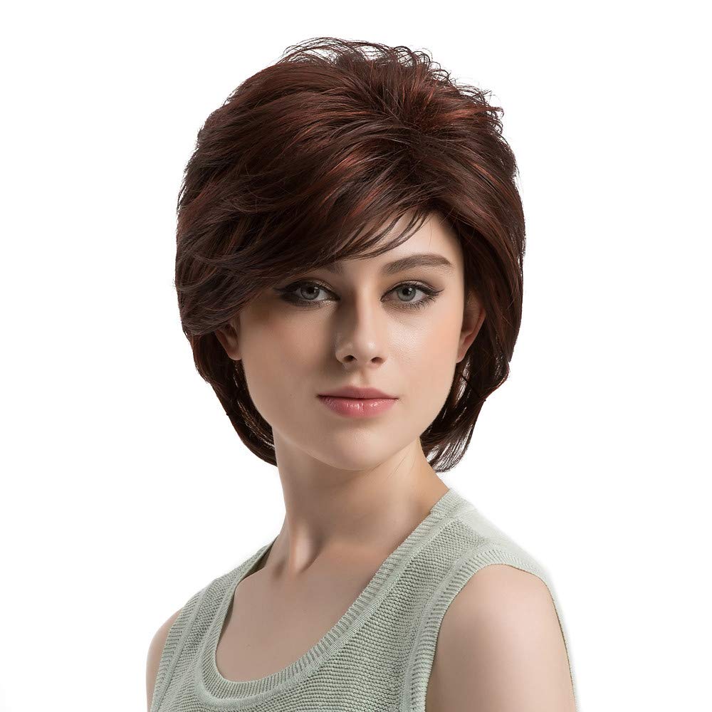 CPalsen Synthetic Wig Straight Brown Layered Haircut Brown Synthetic Hair Women's Highlighted/Balayage Hair/Side Part Brown Wig Short Capless MAYSU