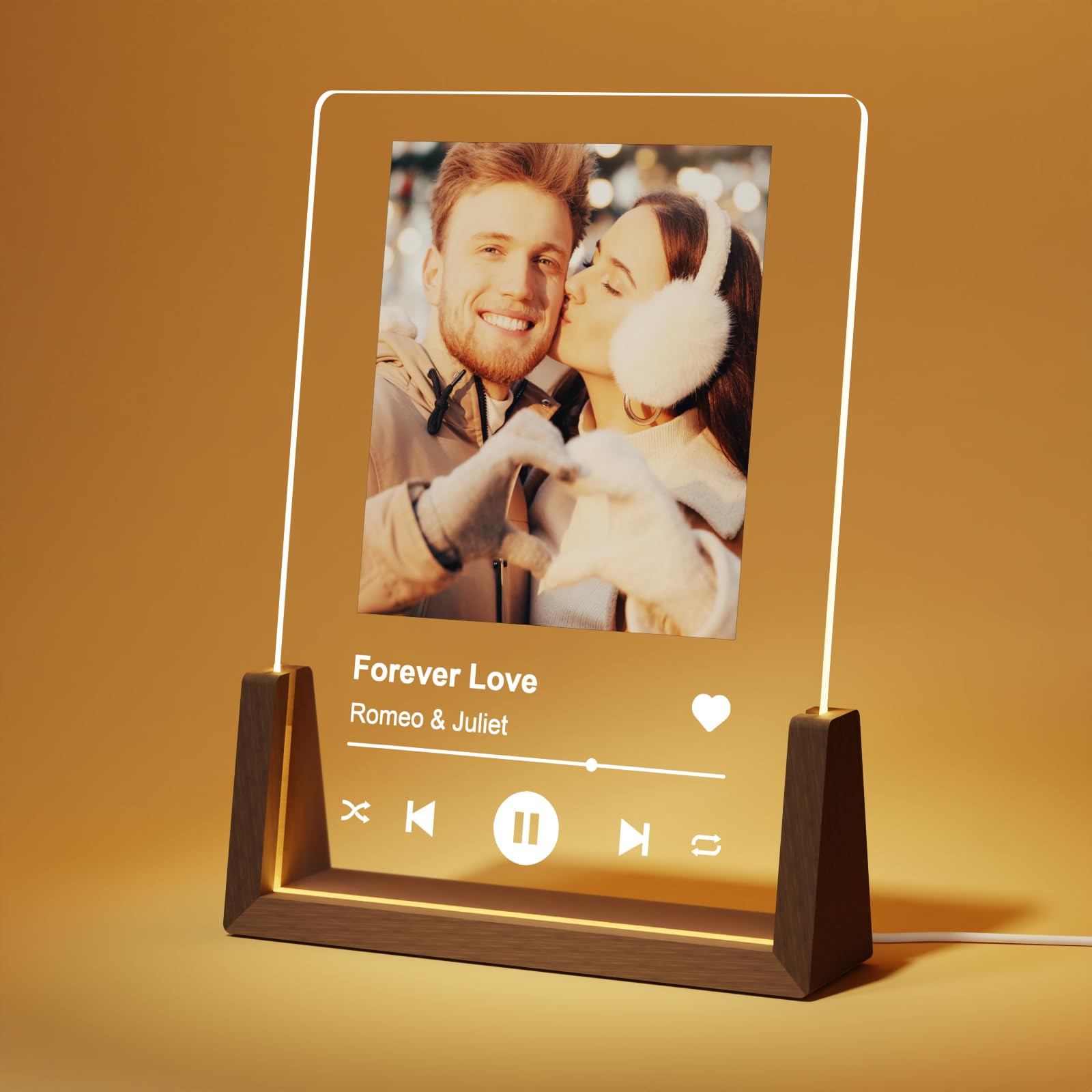 Personalized Photo Gifts for Girlfriend Women Wife Her, Customized Walnut LED Picture Frame for Couple Boyfriend Him, Custom Spotify Plaque for Anniversary Birthday Christmas Valentines Day