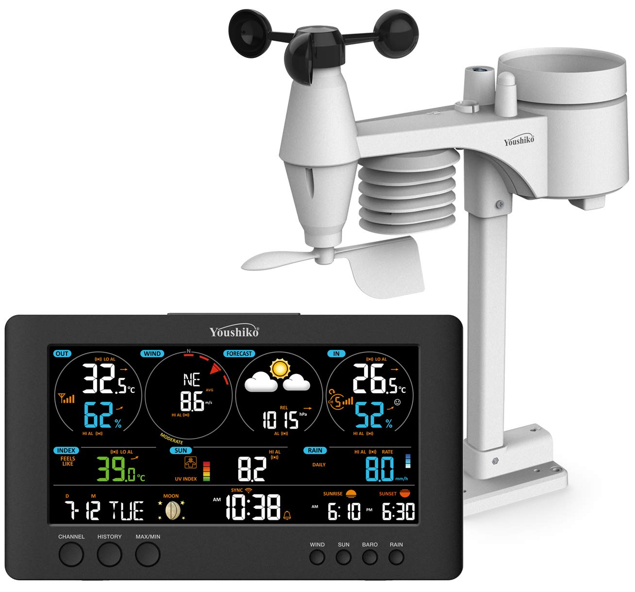 Youshiko YC9471 ClearView Weather Station, Professional 7-in-1 Wireless Sensor (Premium Quality/ 2024 Official UK Version) WIFI Internet Wunderground WeatherCloud, UV SUNBURN/light intensity