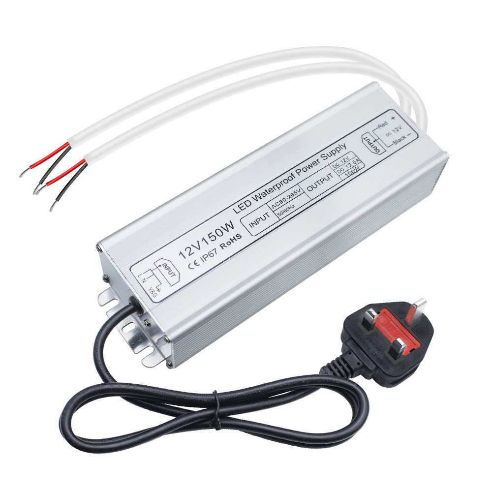 inShareplus LED Power Supply, 12V 150W IP67 Waterproof Outdoor Driver, AC 90-265V to DC 12V 12.5A Low Voltage Transformer, Adapter with 3-Prong Plug for LED Light, Computer Project, Outdoor Use