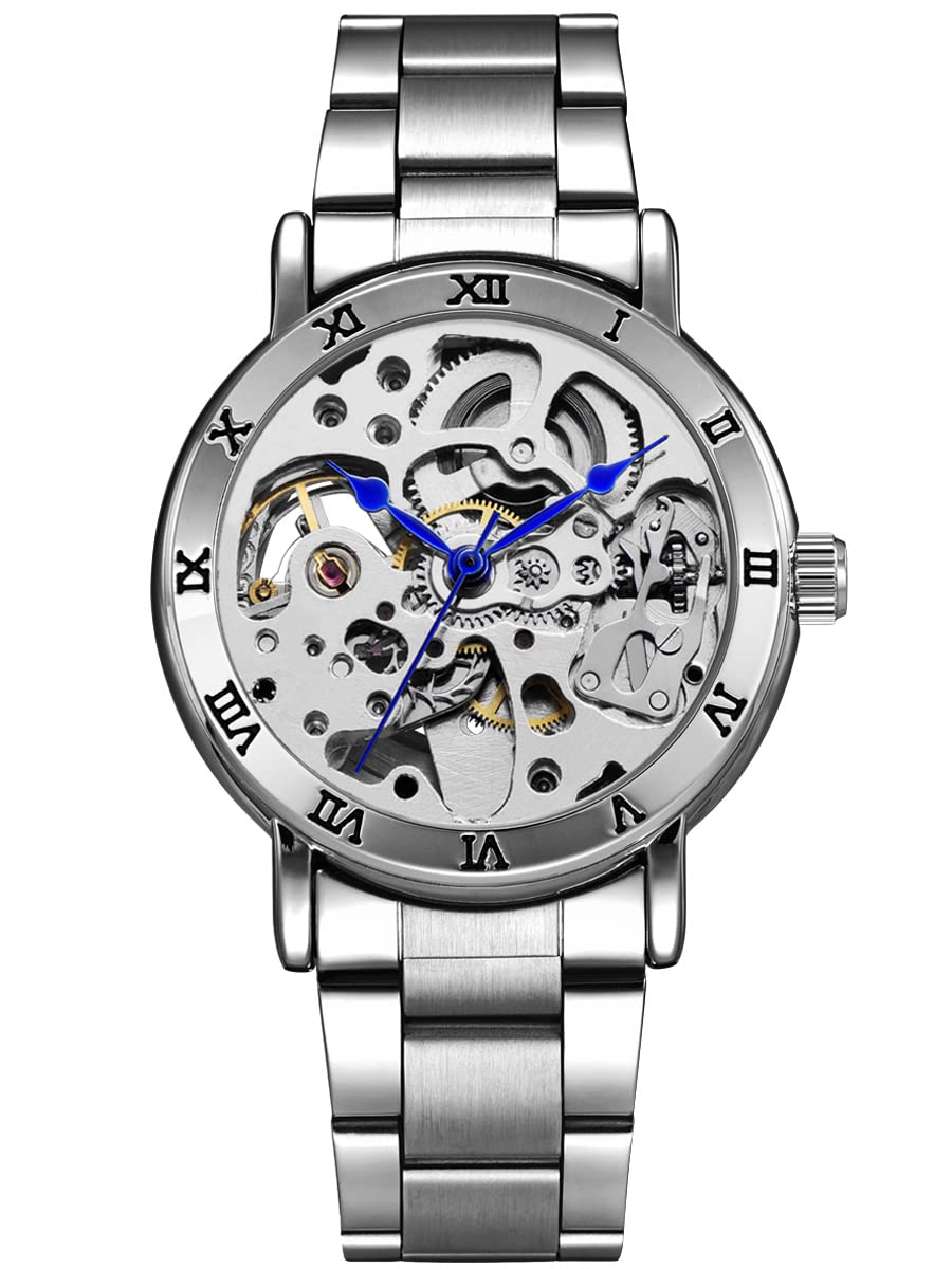 AlienworkIK Skeleton Women's Men's Automatic Watch with Metal Strap Glass Bottom