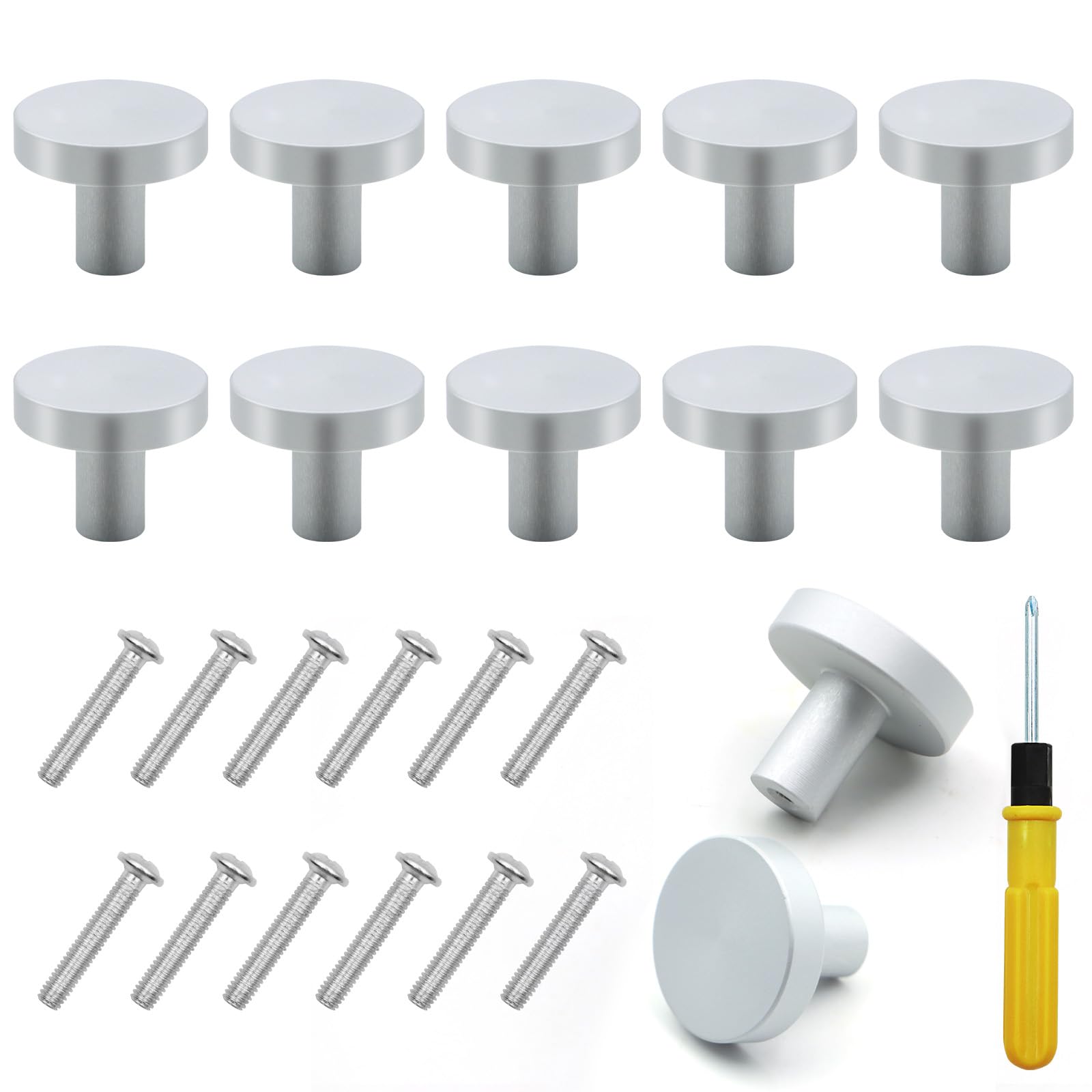 ZOCONE 12 PCS Silver Drawer Knobs, 29mm Round Cabinet Knobs with 12 Screws & 1 Double-Ended Dual-Purpose Screwdriver Silver Kitchen Door Knobs for Cupboard Wardrobe Furniture-Minimalist Modern Style