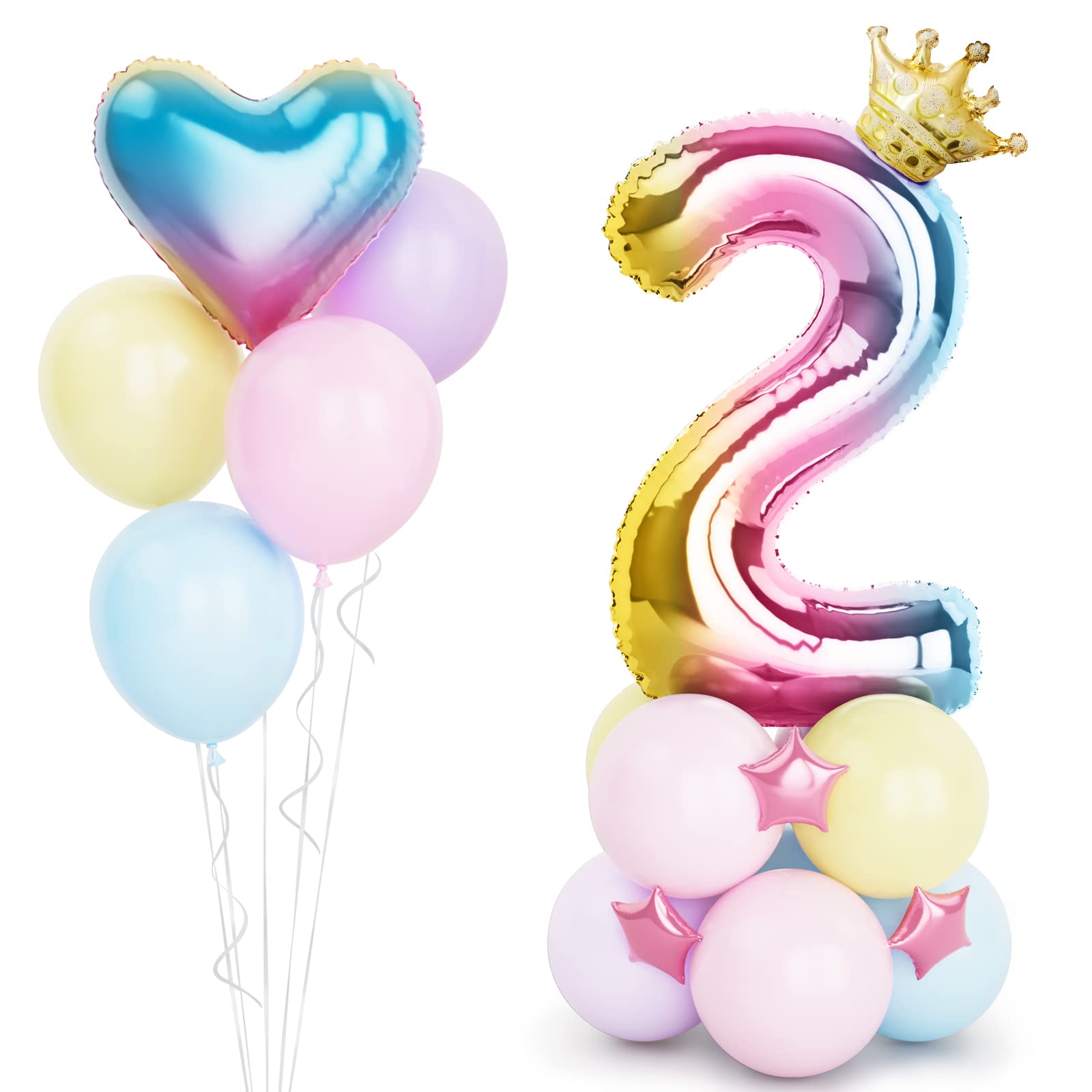 40 Inch Rainbow Gradient Number 2 Balloons with Crown and Star,Helium Foil Number Balloons for Girls and Boys 2nd Birthday Decorations Unicorn Birthday Party Baby Shower Anniversary Decorations