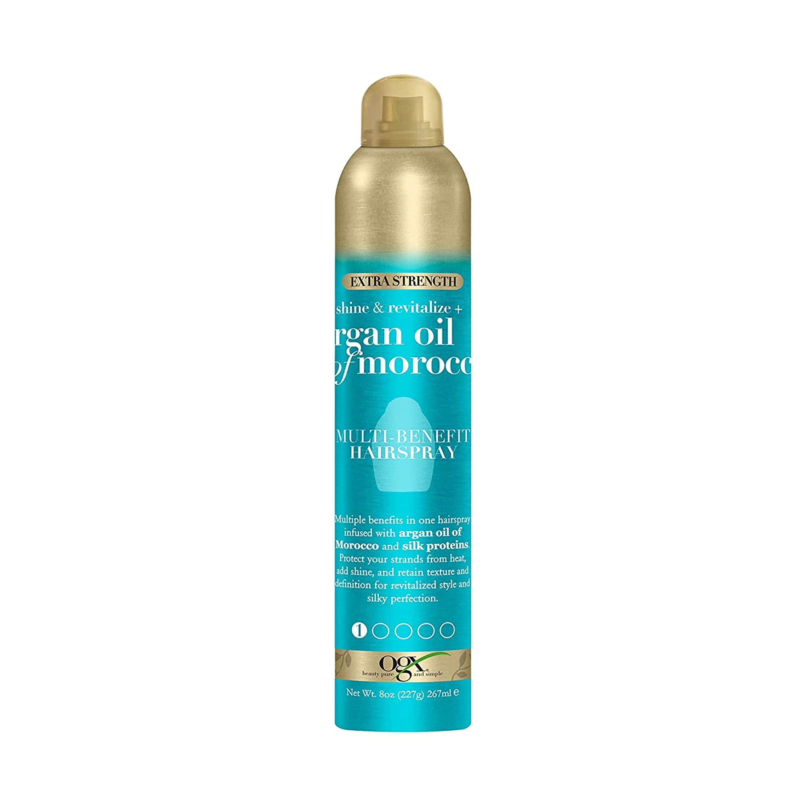 OGX Revitalize + Argan Shine Extra Strength Multi-Benefit Heat Protection Hairspray with Argan Oil & Silk Proteins, Tame Frizz & Non-Greasy Shine, Morocco, 8 Ounce