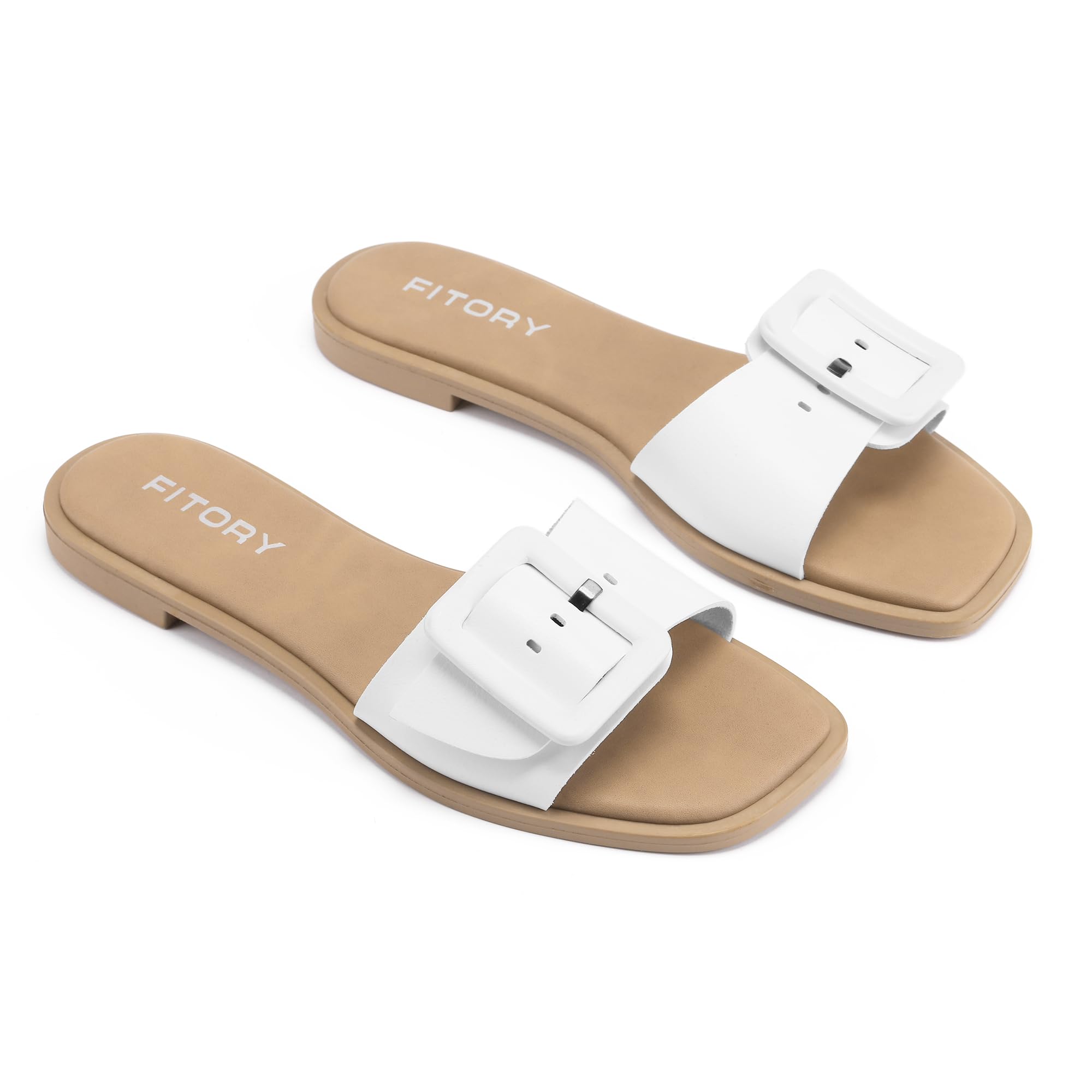 FITORY Women's Flat Sandals Fashion Square Toe Slides with Adjustable Buckles for Summer Size