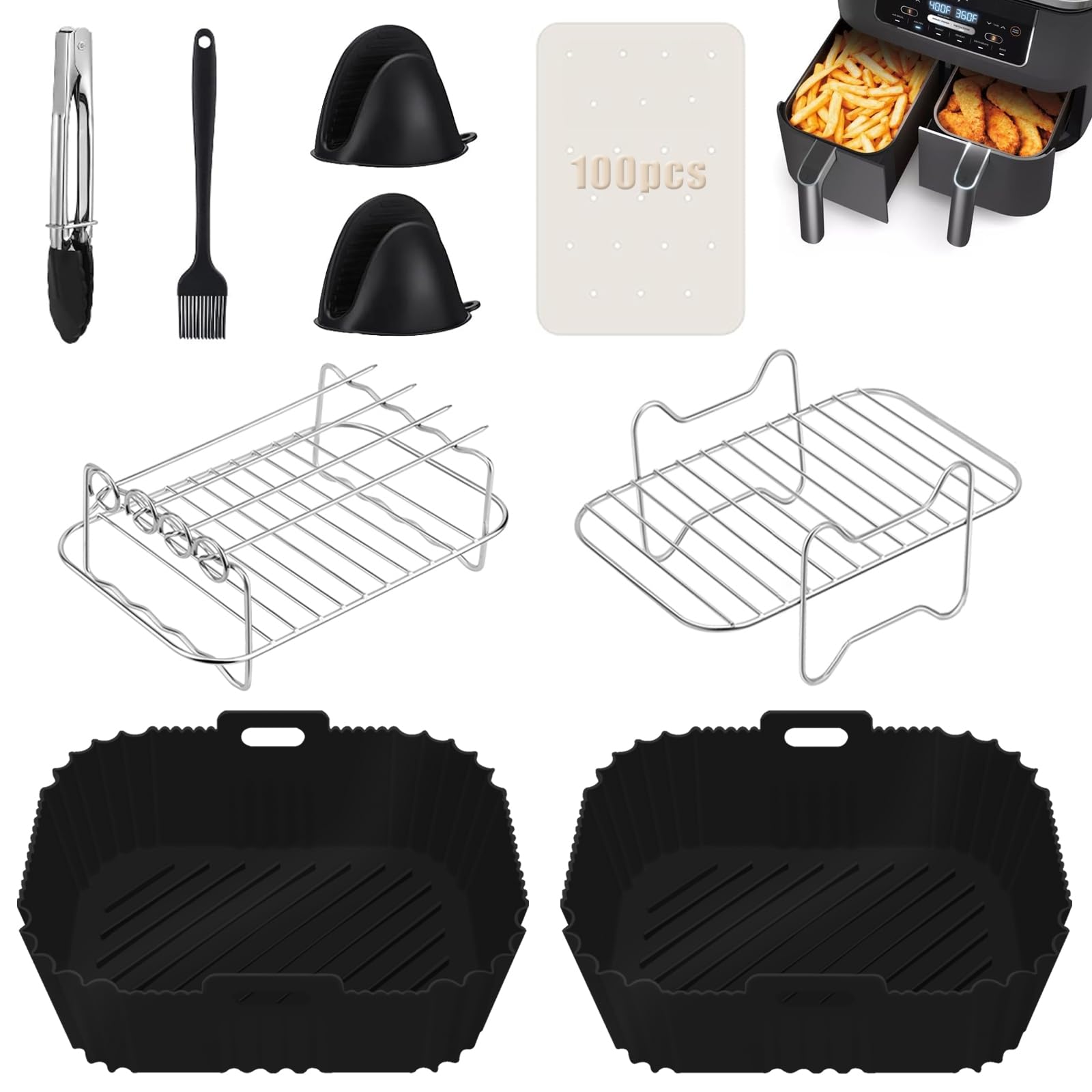 Hot Air Fryer Accessories for Ninja, 8-Piece Airfryer Accessories Compatible with Ninja Foodi Max Dual Zone AF400EU AF300EU 9.5L and Other Dual Zone Air Fryer 7.6L - 9.5L