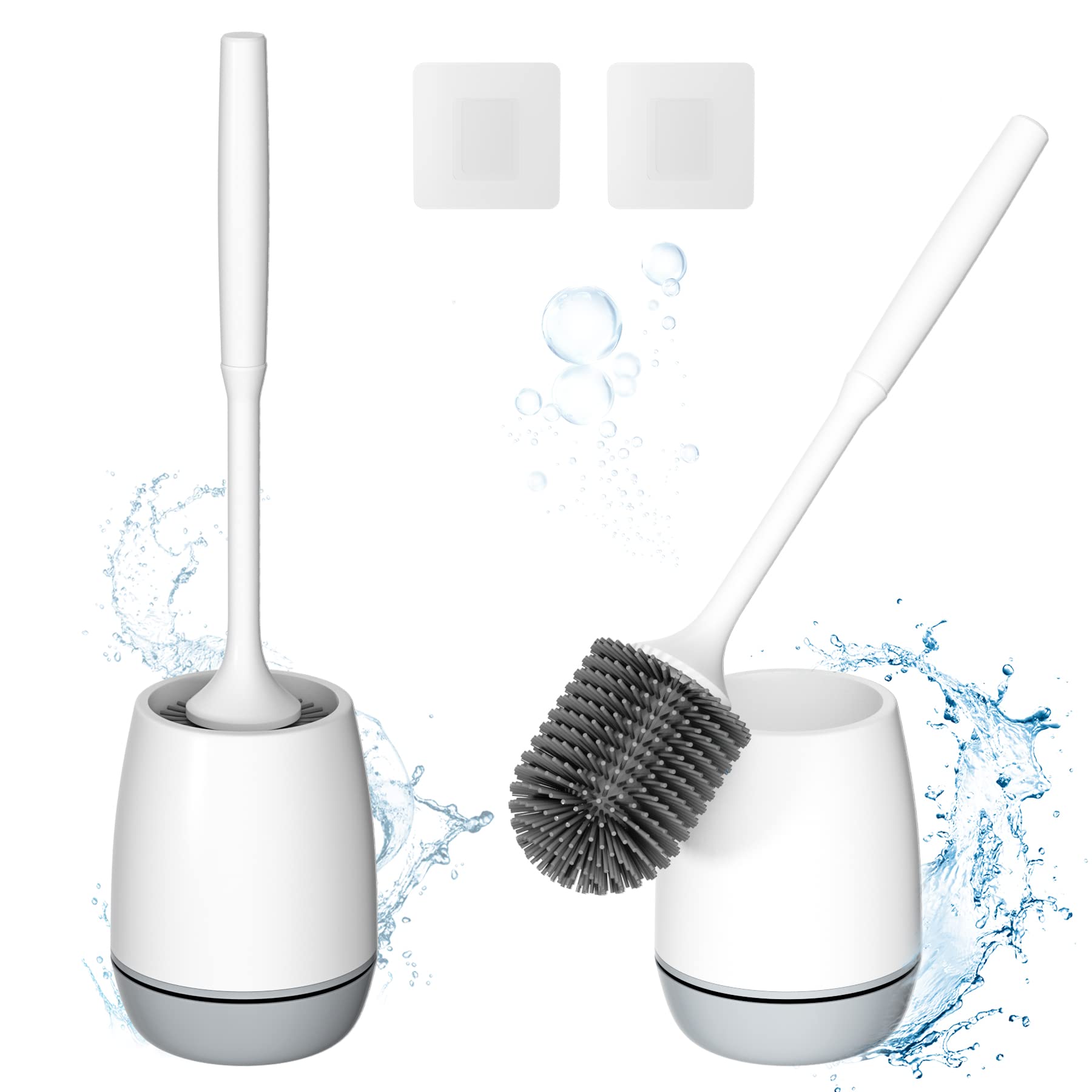 Hibbent 2 Pack Toilet Brush with Ventilated Drying Holder, Silicone Toilet Bowl Brush Bathroom Cleaning Bowl Brush Kit Sturdy Cleaning Toilet Brush, Floor Standing & Wall Mounted without Drilling