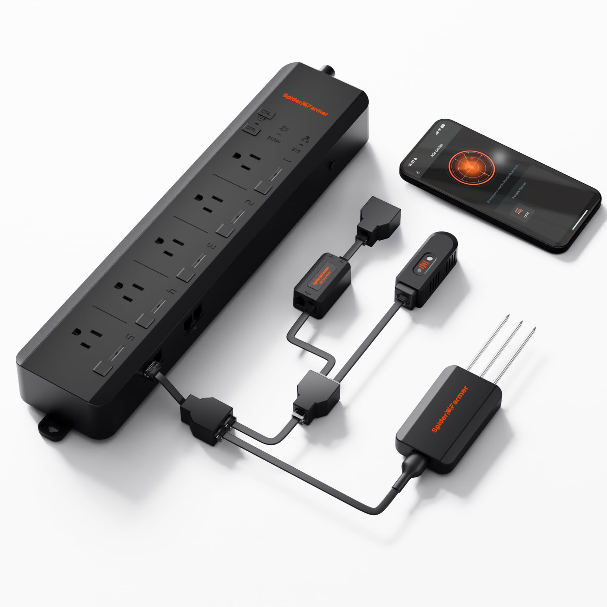 Spider FarmerGGS AC5 Power Strip Kits, 5 AC Smart APP-Based Controls Outlets, 3 in 1 Soil Sensor, Temp Humid Light Sensor, for Indoor Grow Tent and Room