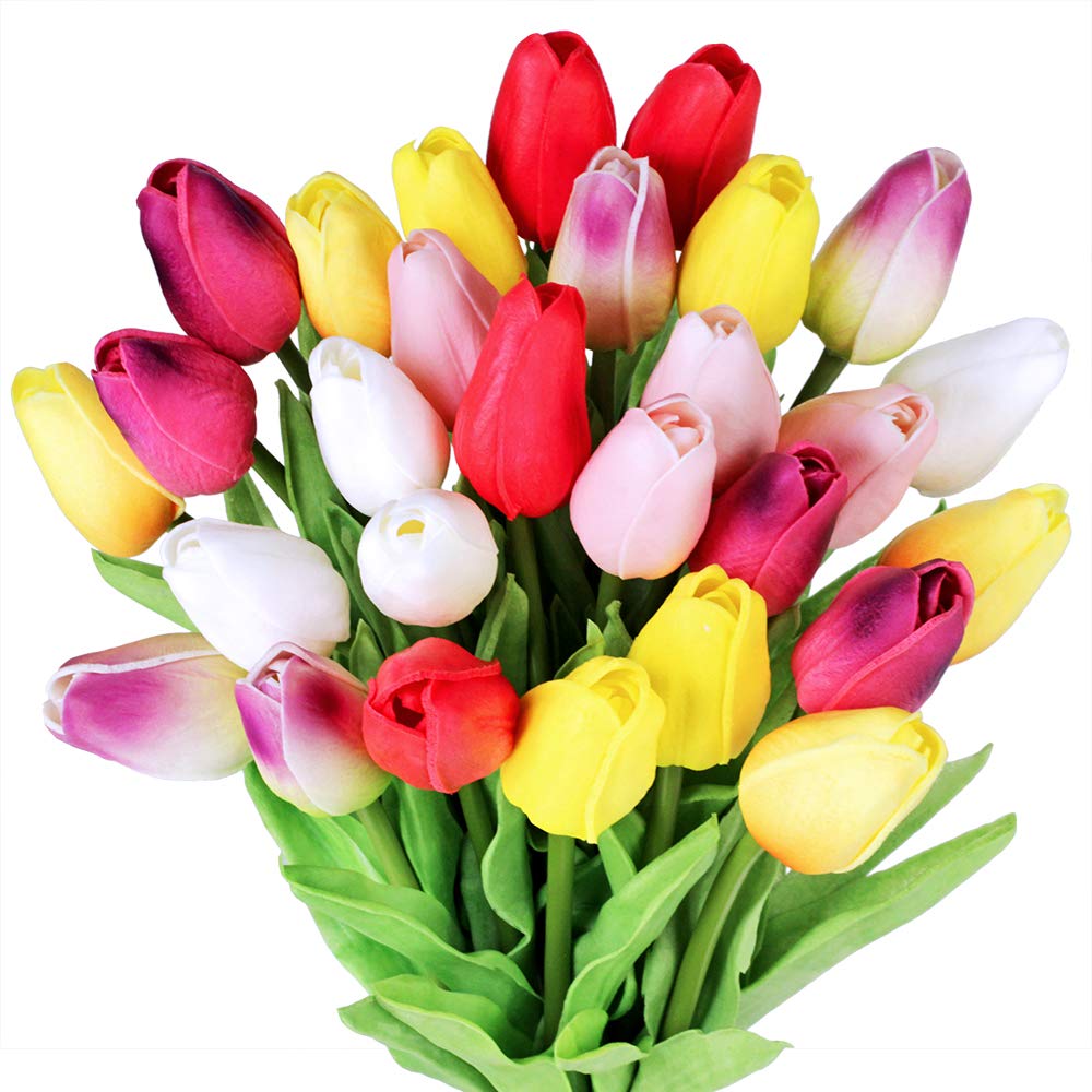 Winlyn 28 Pcs Multicolor Tulips Artificial Flowers Faux Tulip Stems Real Feel PU Tulips for Easter Spring Wreath Wedding Bouquet Centerpiece Floral Arrangement Cemetery Table Décor 14" Tall