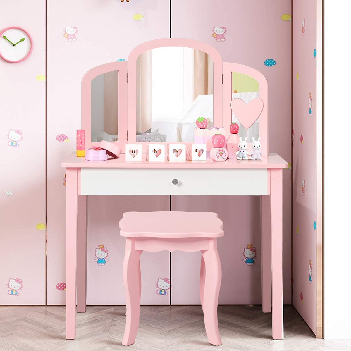 HONEY JOY Kids Vanity Set, Toddler Beauty Makeup Dressing Table w/Stool & Drawer, Tri-Fold Silver Mirror, Detachable Top, Wooden Princess Pretend Play Vanity Set for Little Girls (Pink)