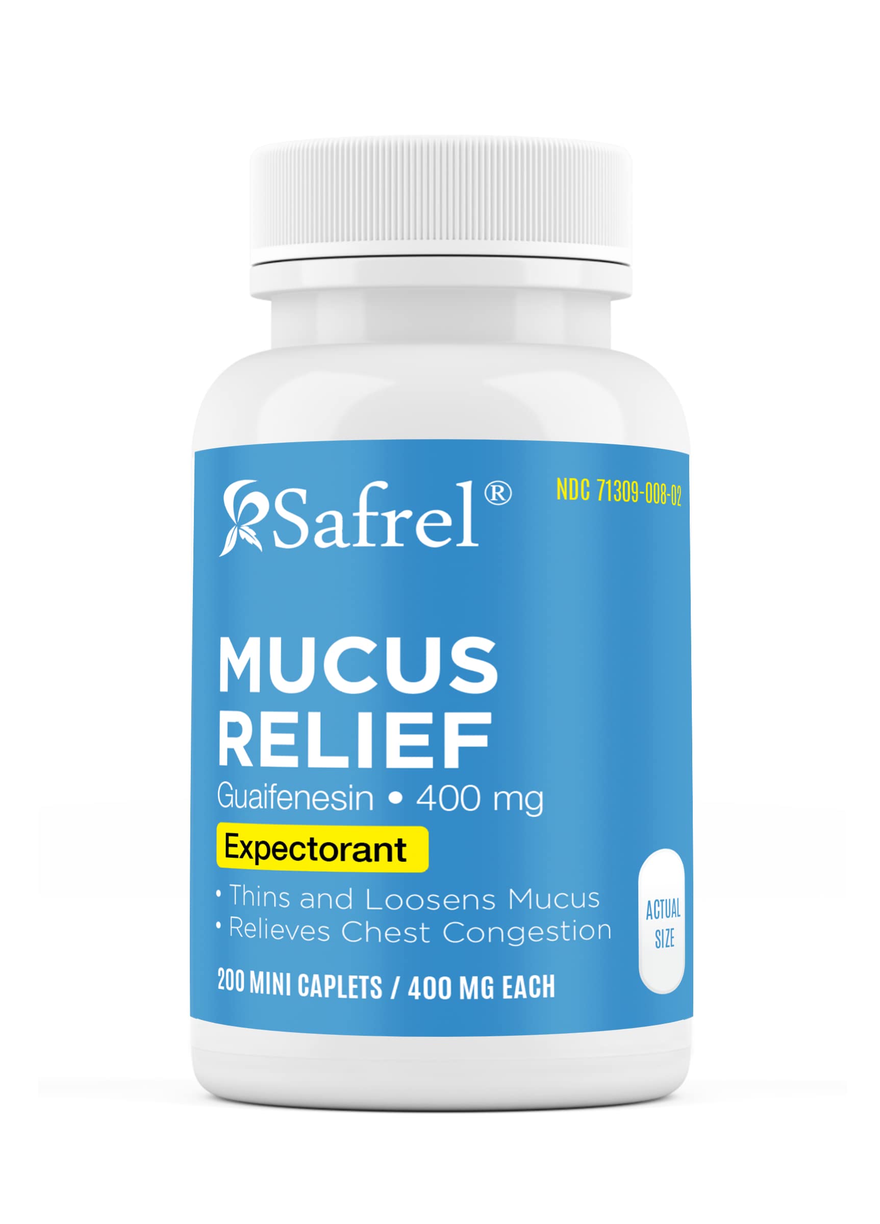 Safrel Pharma Mucus Relief Guaifenesin 400 mg - Fast Acting Expectorant, Thins and Loosens Mucus, Relieves Chest Congestion, Cough, Cold and Flu | Compare to Mucinex Tablets (200 Count (Pack of 1))