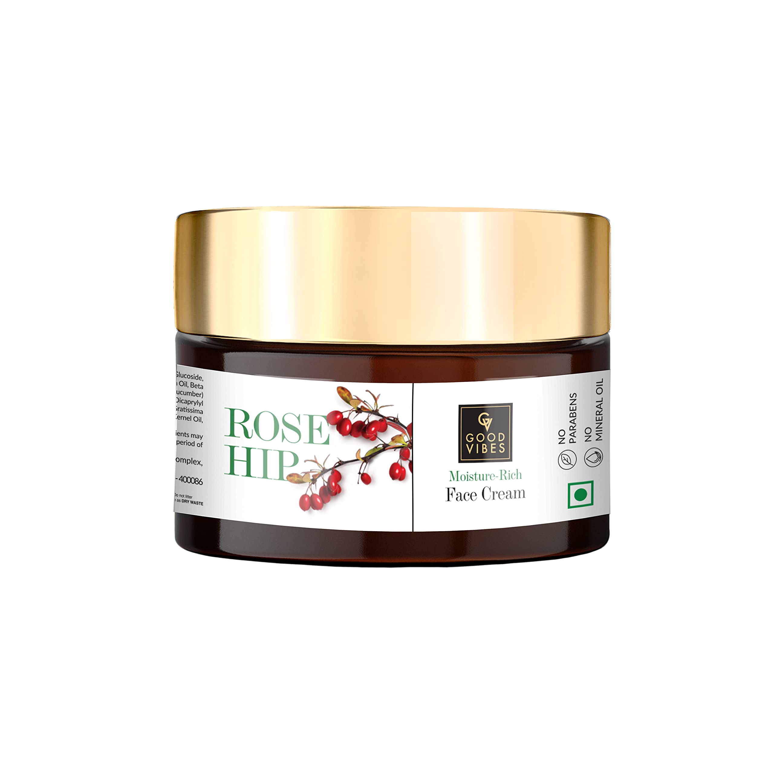 Good Vibes Rosehip Moisture-Rich Face Cream, 50 g Skin Moisturizing Hydrating Light Weight Formula, Soothes & Exfoliates Skin, Natural, No Parabens & Sulphates, No Animal Testing