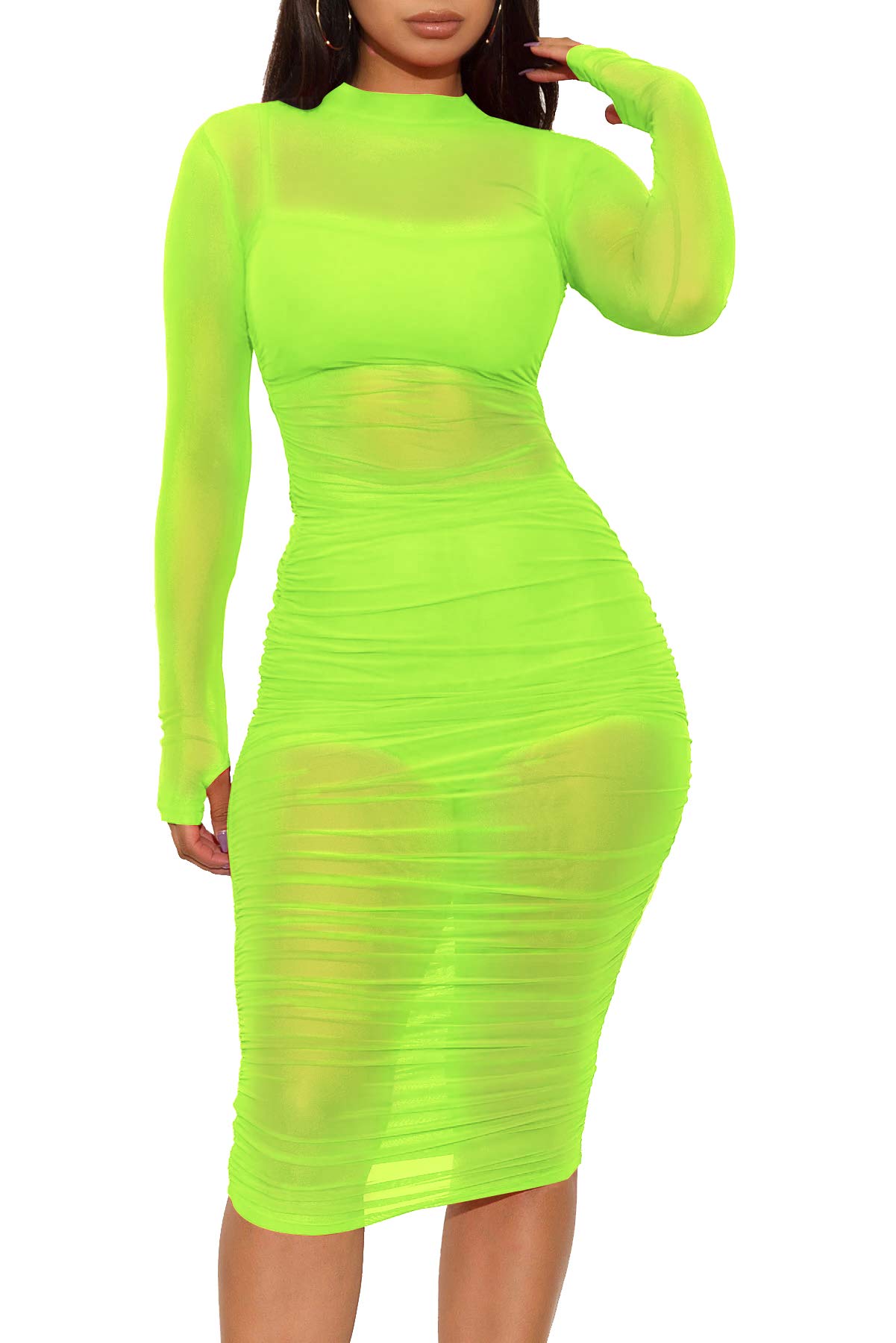 Womens Sexy Bodycon Midi Dresses See Through Sheer Mesh Cover Up Ruched Dress Party Club Outfits