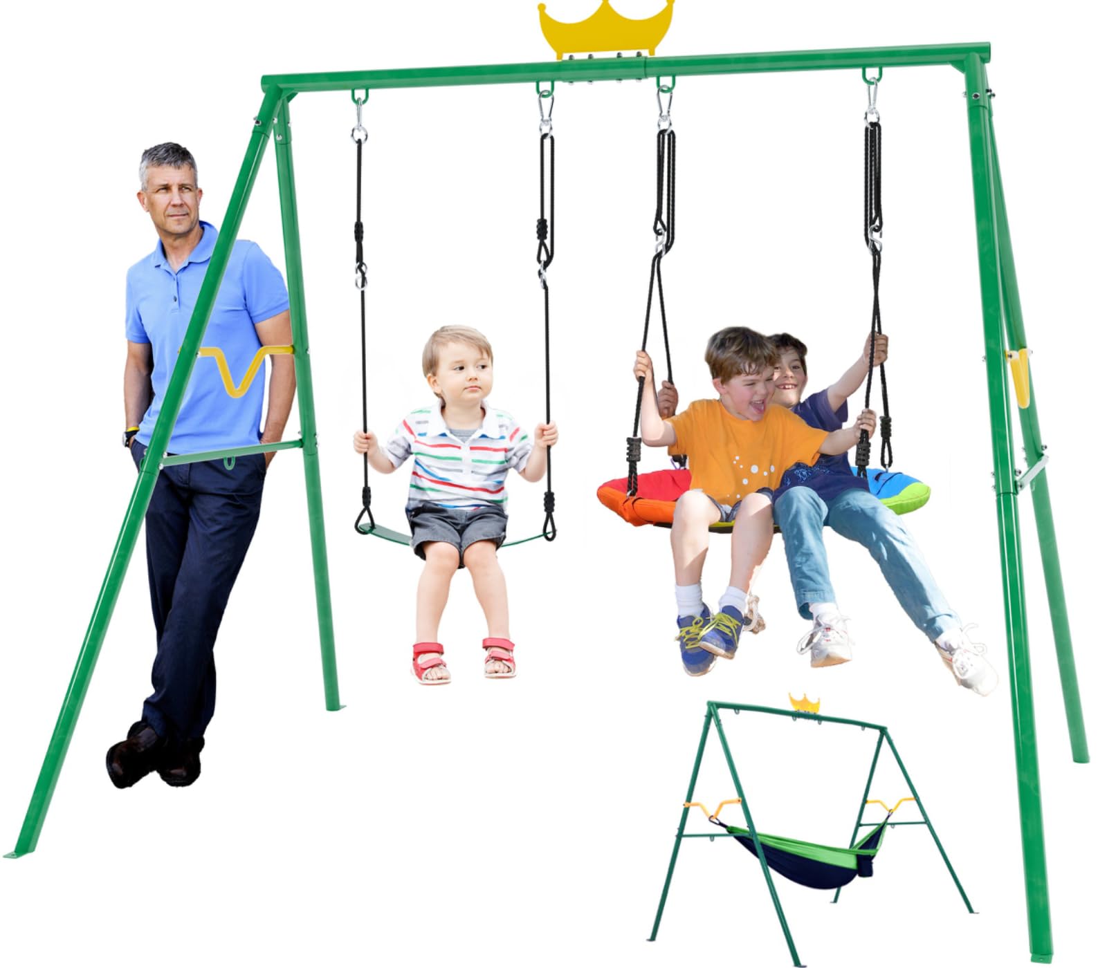 PANGU Kids Swing Set & Adult Hammock Stand 2 in 1, Swing Set for Backyard, Outdoor Swing Set Heavy-Duty Metal Frame, 1 Saucer Swing,1 Belt Swing and 1 Nylon Hammock,Yellow-Green