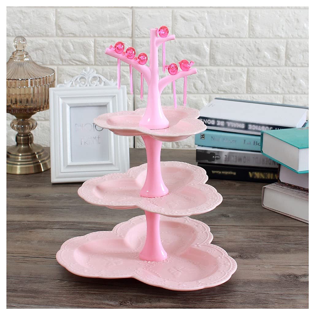 Cake Stand Creative Ceramic Three-tier Cake Tray Restaurant Fruit Plate Afternoon Tea Dessert Candy Rack Home Living Room Wedding Dessert Display Stand Cake Plate (Color : Pink)