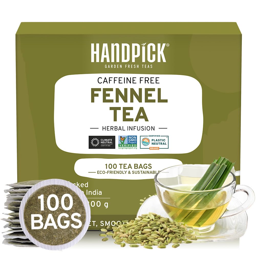 HANDPICKPremium Fennel Tea Bags (100 Herbal Tea Bags) Caffeine Free, Gluten Free & Non GMO | Round Eco Conscious Tea Bags | Smooth & Sweet