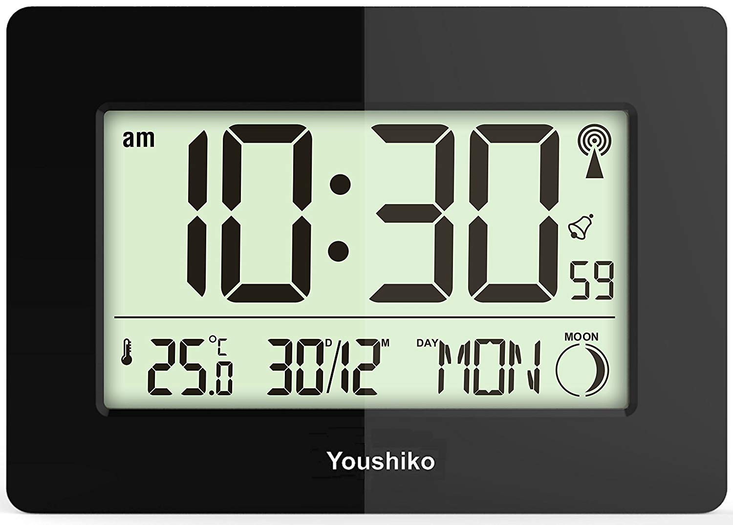 YoushikoRadio Controlled Large Screen LCD Silent Wall or Desk Clock (Official UK Version) Auto Set Up with Day Date Month (Black)