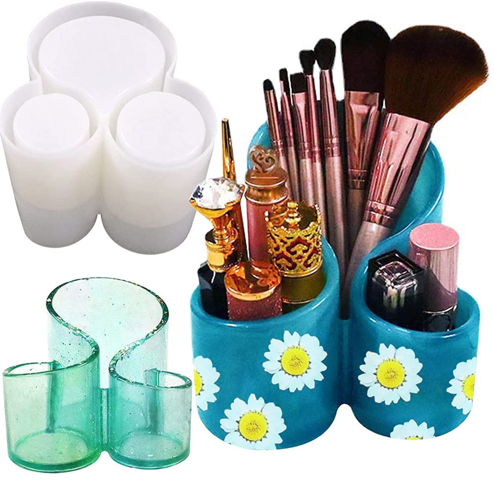 Goodern Trinket Container Epoxy Mold with 3 Slots,Resin Molds Silicone Storage Box Mold,Make-Up Brush Pen Holder Jewelry Storage Making Molds,Reusable DIY Handmade Flower Pot,Candle &Soap Holder Mold