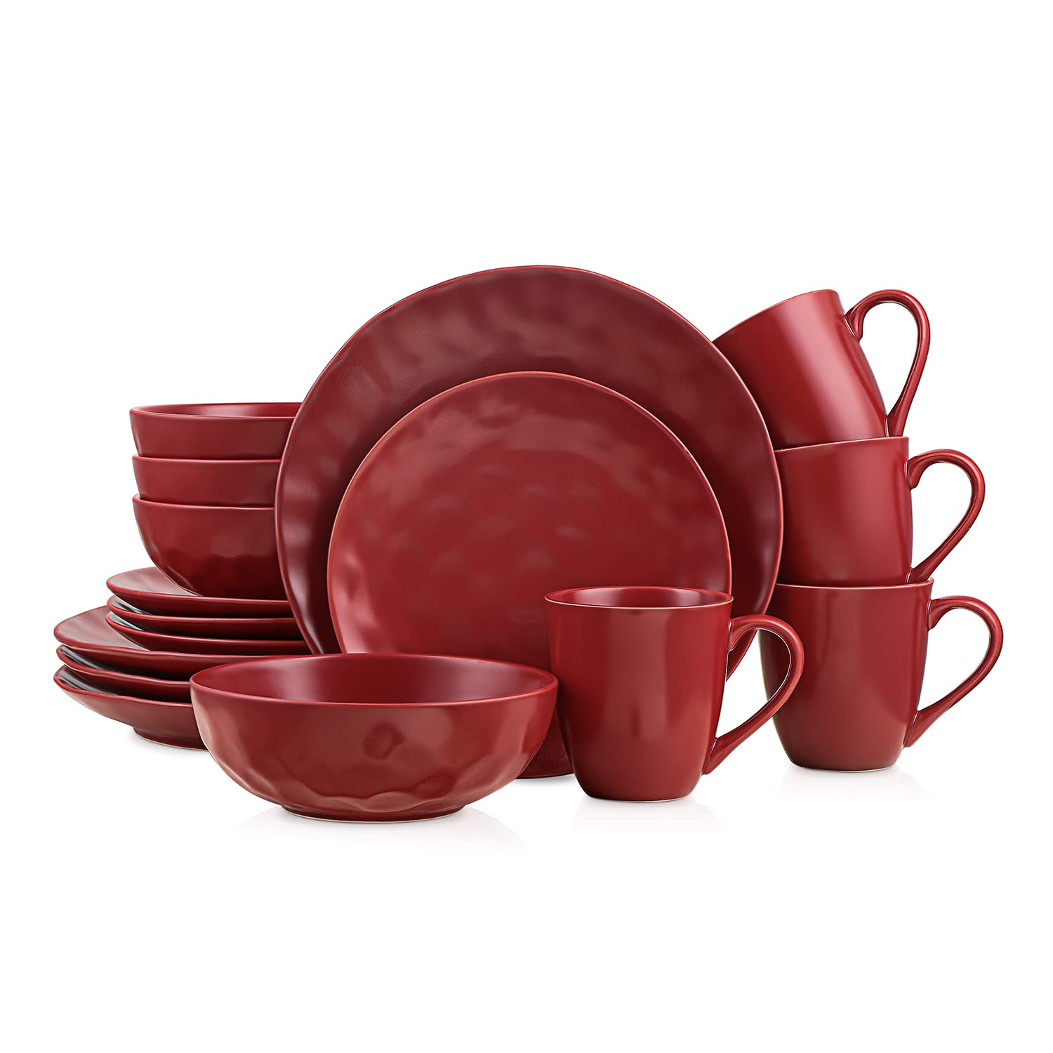 Stone Lain Sam Porcelain 16-Piece Round Dinnerware Set, Red