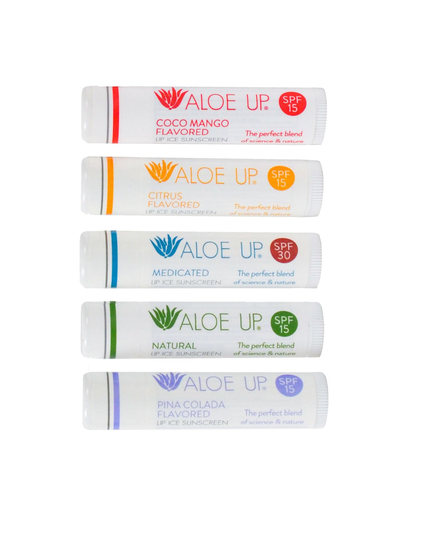 Aloe Up Lip Ice - Lip Balm 5-Pack - Includes SPF 15 Lip Balms and an SPF 30 Medicated Lip Balm - With Natural Moisturizing Oils and Hydrating Aloe Vera Gel - Alcohol-Free - Assorted Lip Care Pack