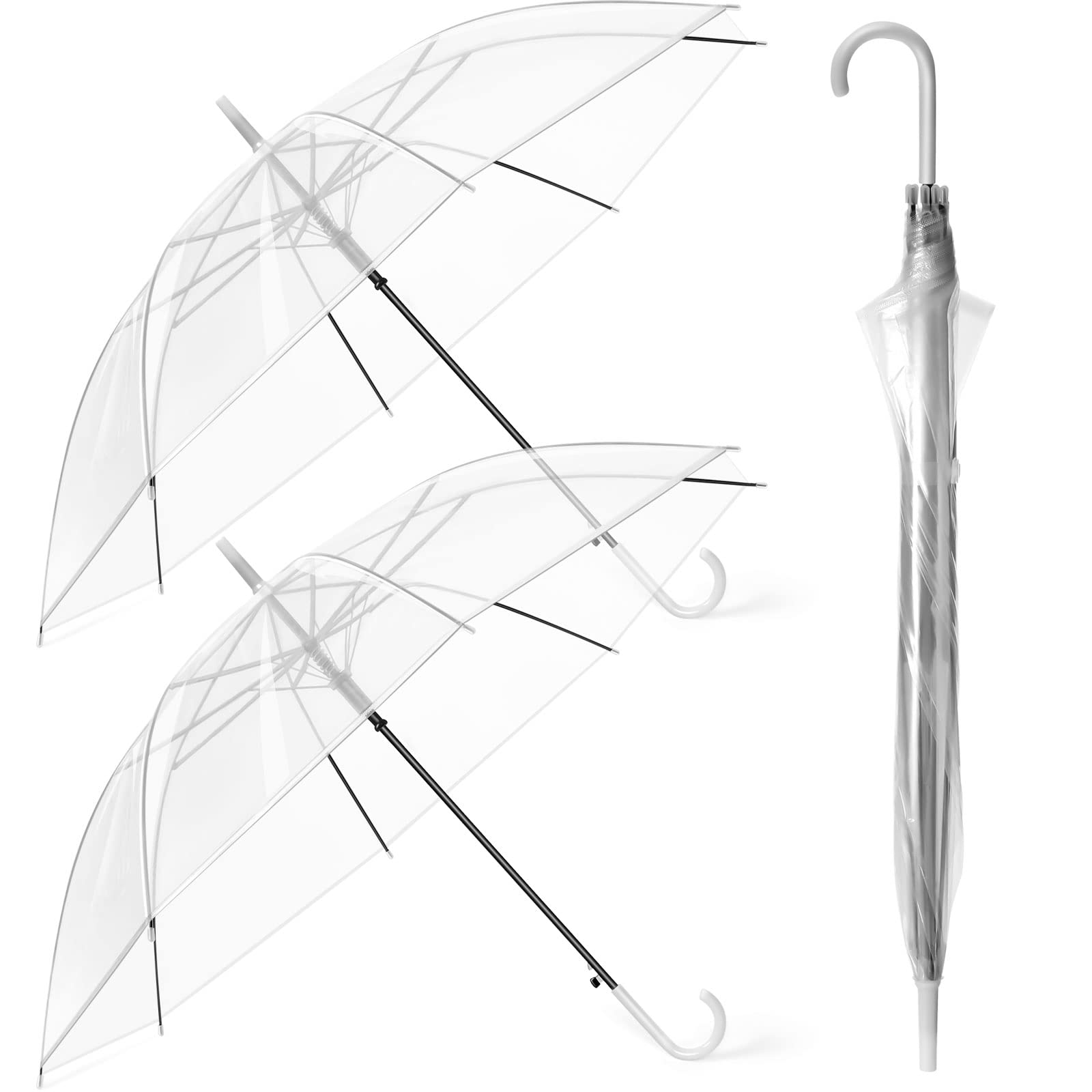 2 Pcs Clear Wedding Umbrella See Through Stick Umbrella Dome White Handle Transparent Umbrella for Unisex Brides Men Women