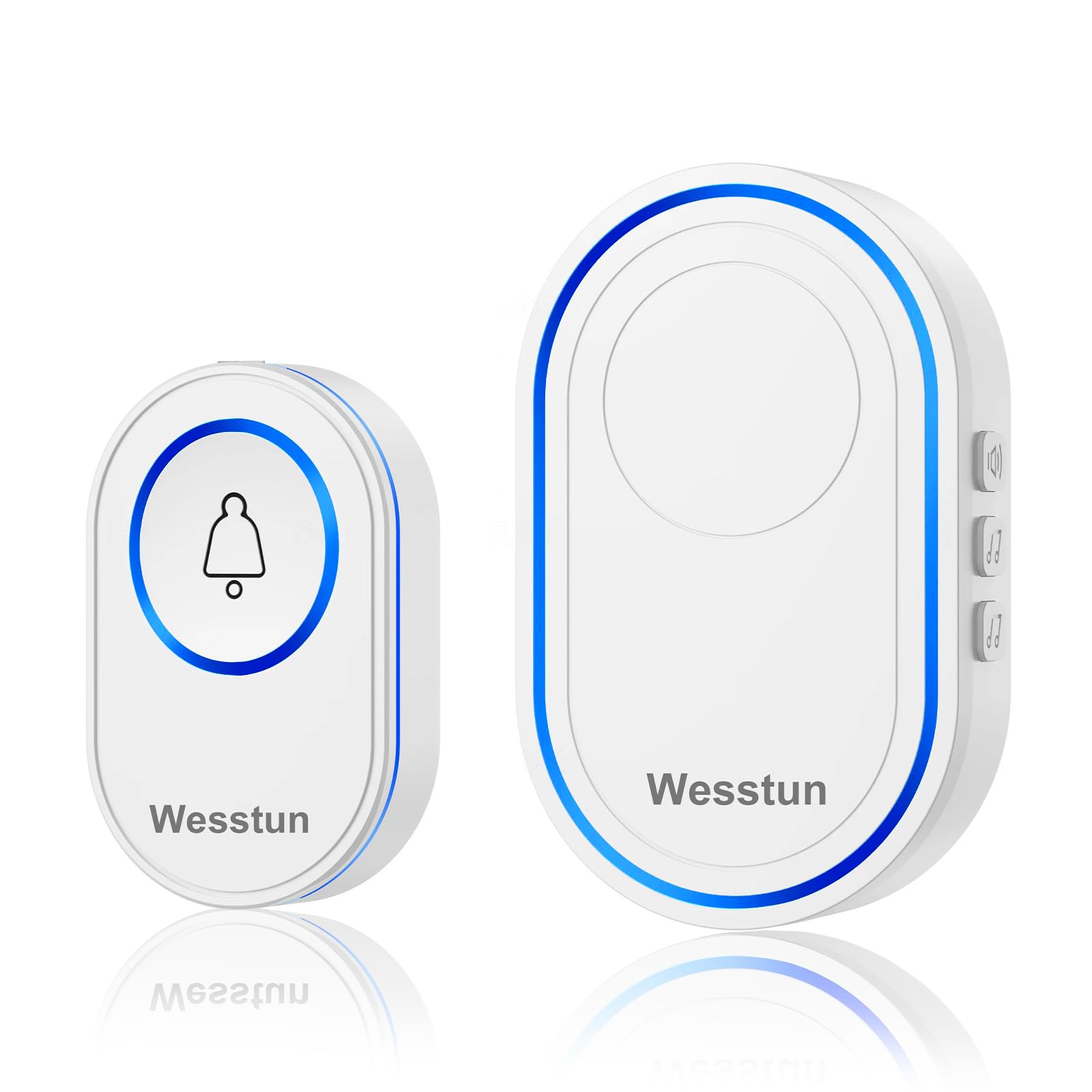 Wireless Doorbell, IP67 Waterproof Plug in Doorbell Wireless with 39 Chimes, 5 Levels Volume Adjust & LED Indicator, Easy Install at Home, Classroom & Warehouse, White