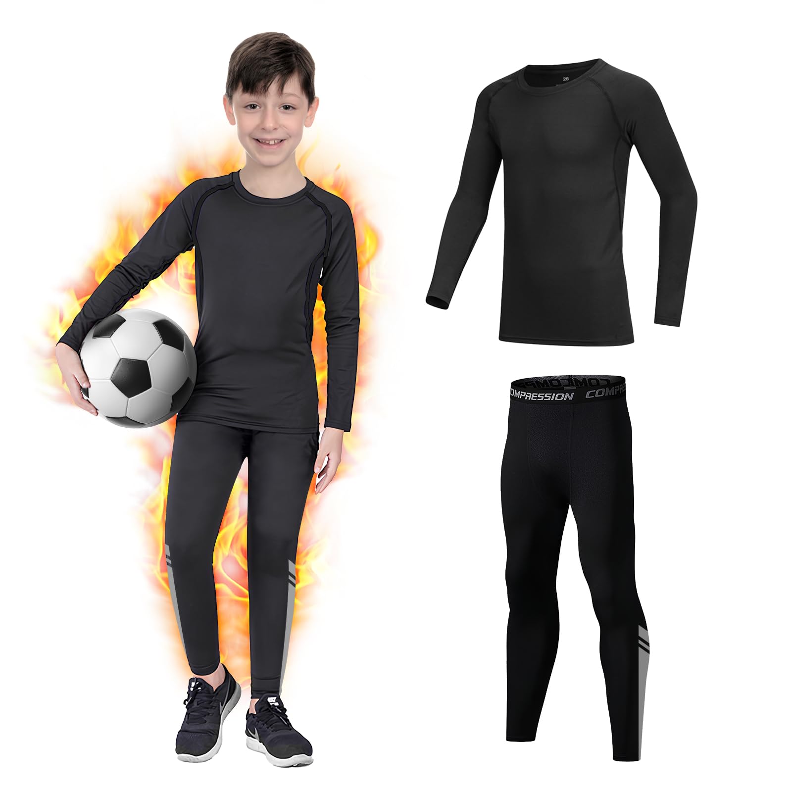 GiyimKids Base Layer - Fleece Lined Athletic Kids Thermal Base Layer Set, Warm Football Skins Long Sleeve Top and Leggings Compression Set, Reflective Line Thermal Underwear Kids for Biking, Ski & Running