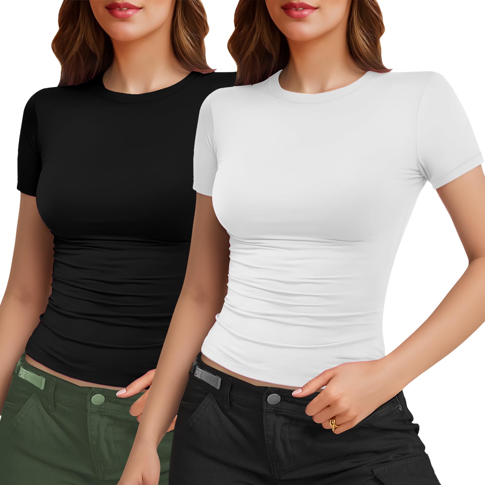 YOGINGO 2 Pack Womens Basic Short Sleeve Crew Neck T Shirt Slim Fit Tee 2024 Summer Y2k Going Out Crop Tops Tight Shirts