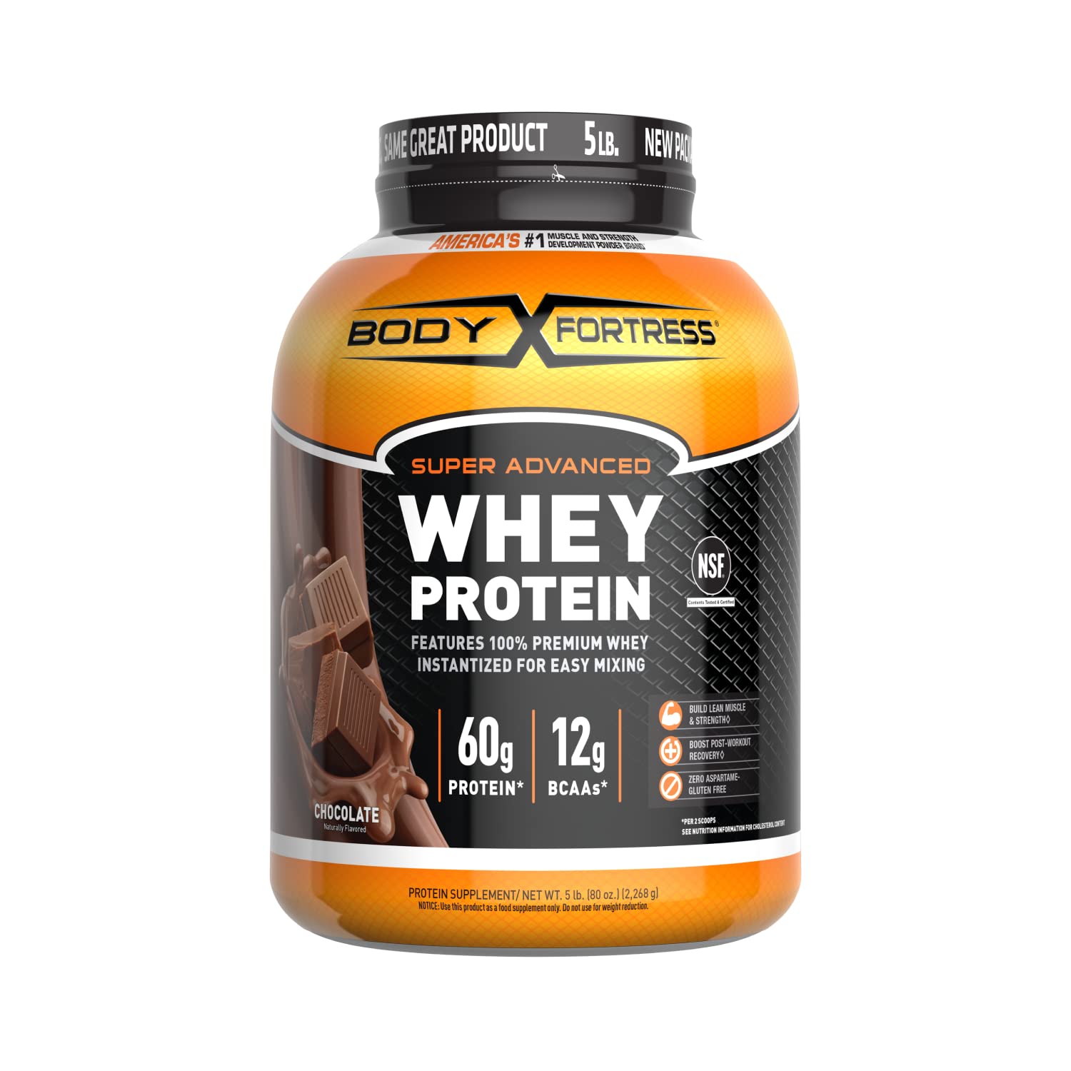 Body Fortress Super Advanced Whey Protein Powder, Chocolate Flavored, Gluten Free, 5 Lb