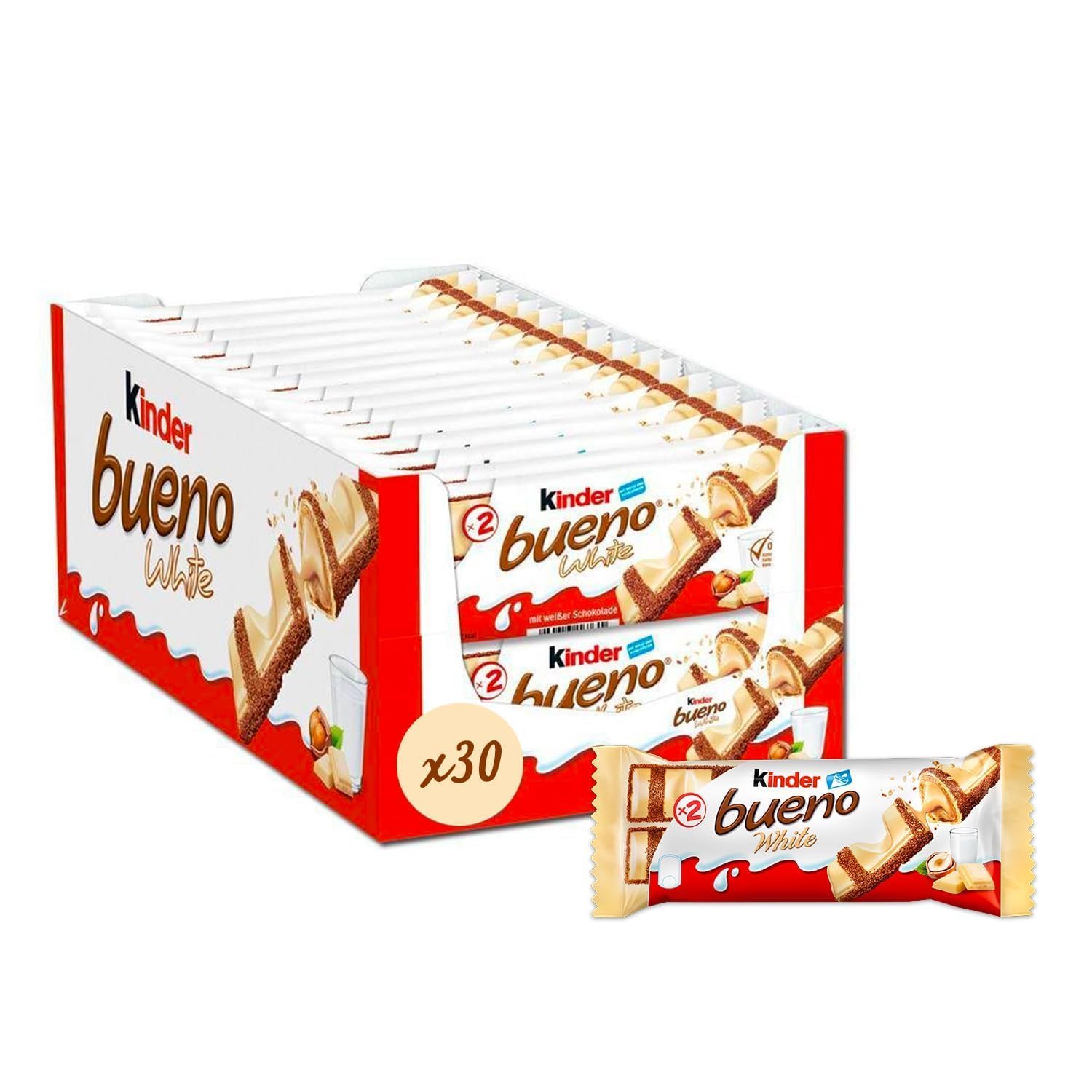 Kinders Bueno White Chocolate With Crunchy Hazelnut Pieces, Each 39 Grams Individually Wrapped (Pack of 30) (Imported Italy)