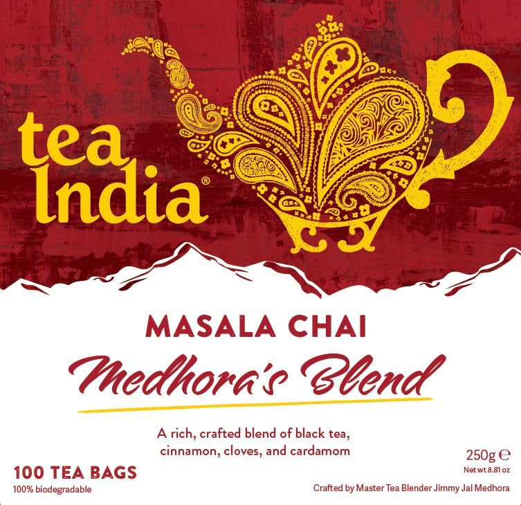 Tea IndiaMedhora's Blend Masala Chai Tea Bags (100 Chai Tea Bags Bulk) Rainforest Alliance Certified | Biodegradable Black Tea Bags | Masala Chai Spiced Chai Blend of Black Tea, Ginger Tea, Cinnamon