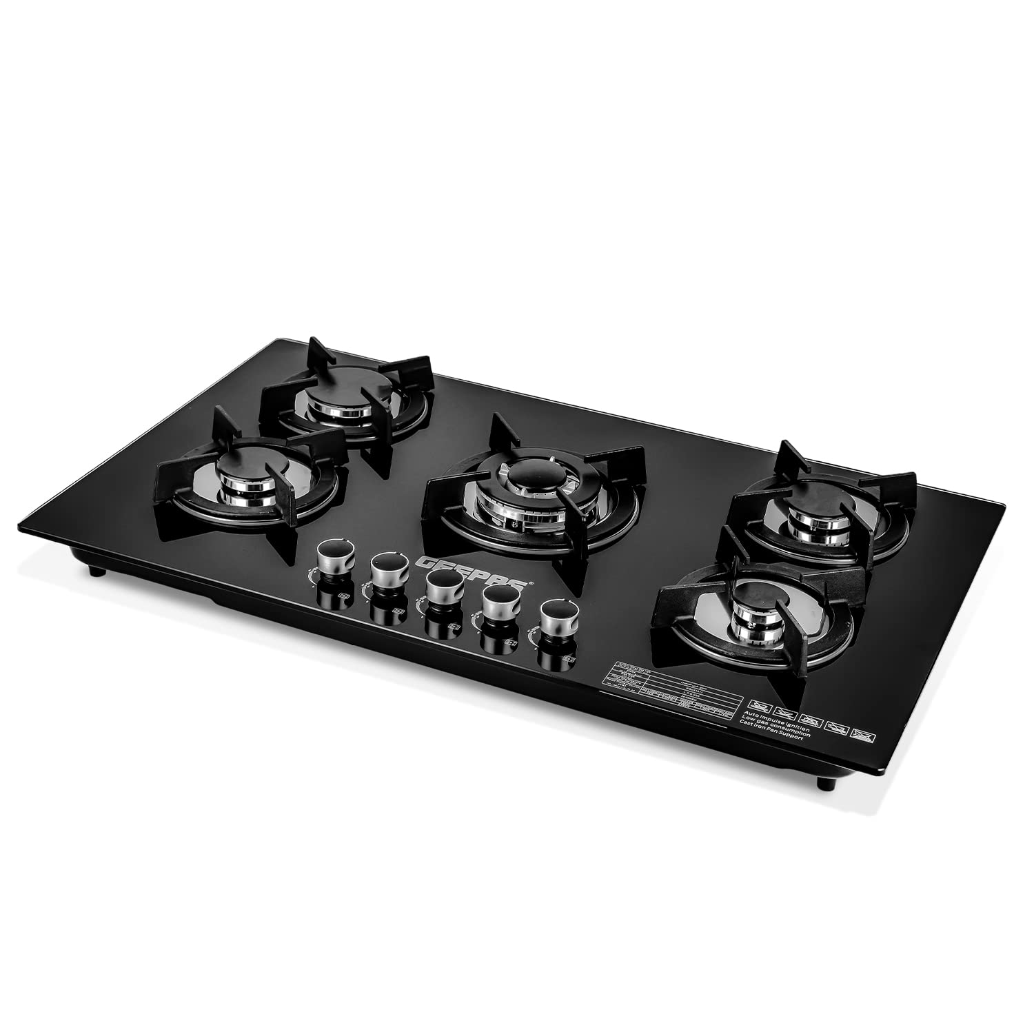 Geepas GGC31011 5-Burner Gas Hob - Attractive Design, 8mm Tempered Glass Worktop - Automatic Ignition, 5 Heating Zones |Ergonomic Design, Stainless Steel Body