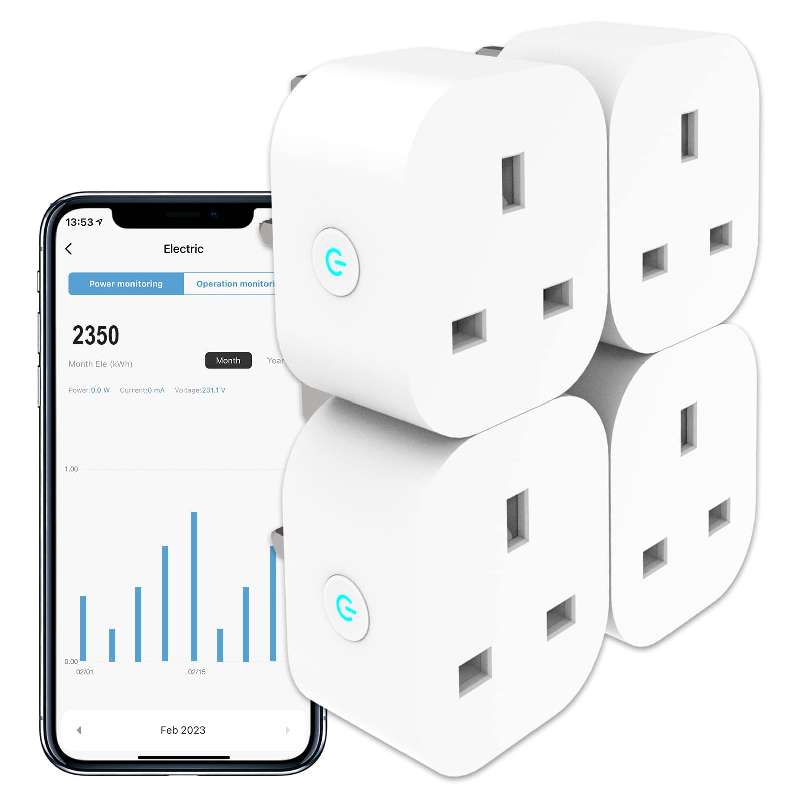 ANTELASmart Plug with Energy Monitoring, Alexa Voice Control, 2,4GHz WiFi Plug, Smart Life APP Wireless Remote Control and Timer Function, Work with Alexa and Google Home, 13A (4 Packs)